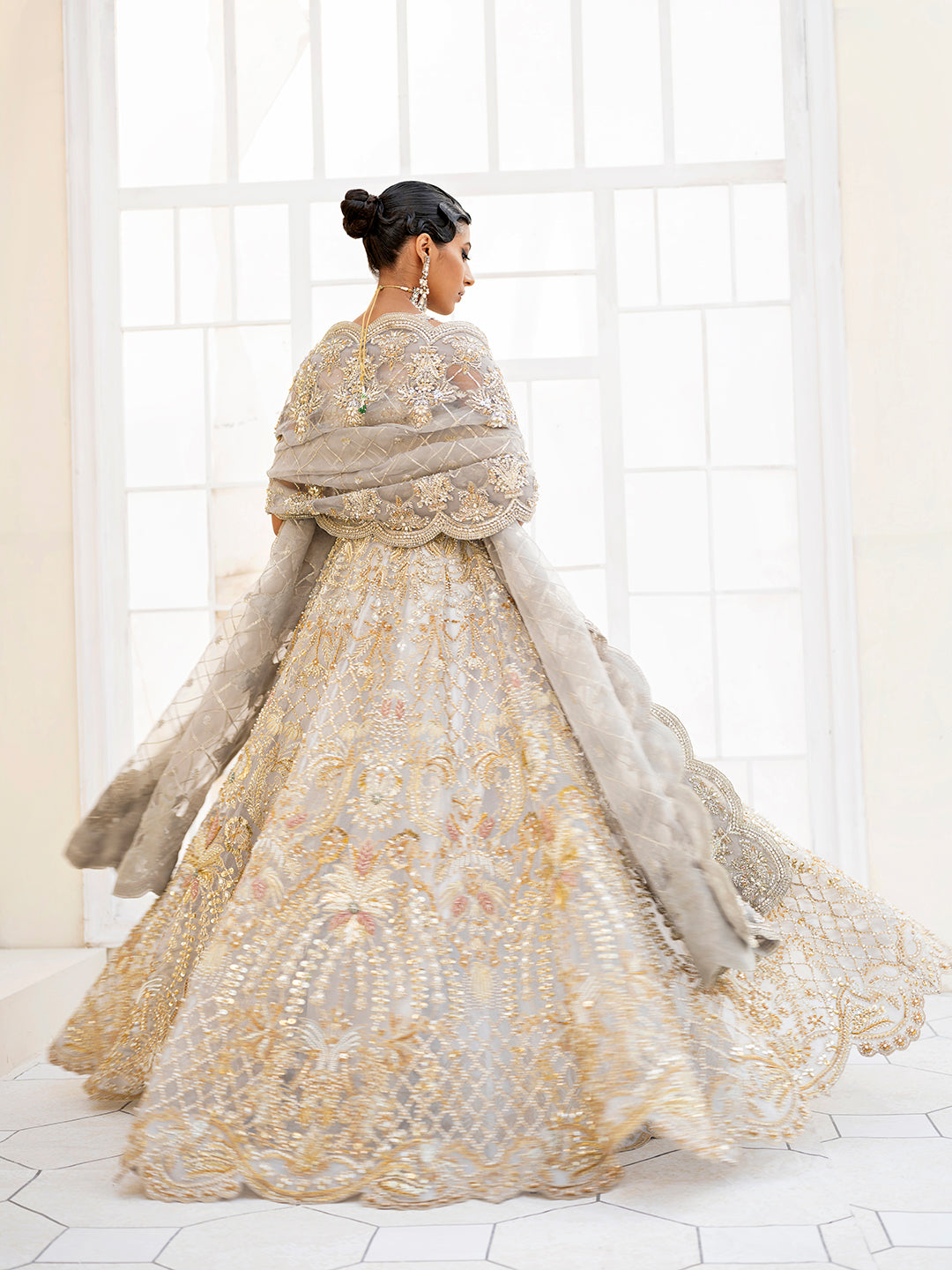 Pakistani Ice Blue Embroidered Organza Peshwas Lehenga (3-Piece) - Image 4