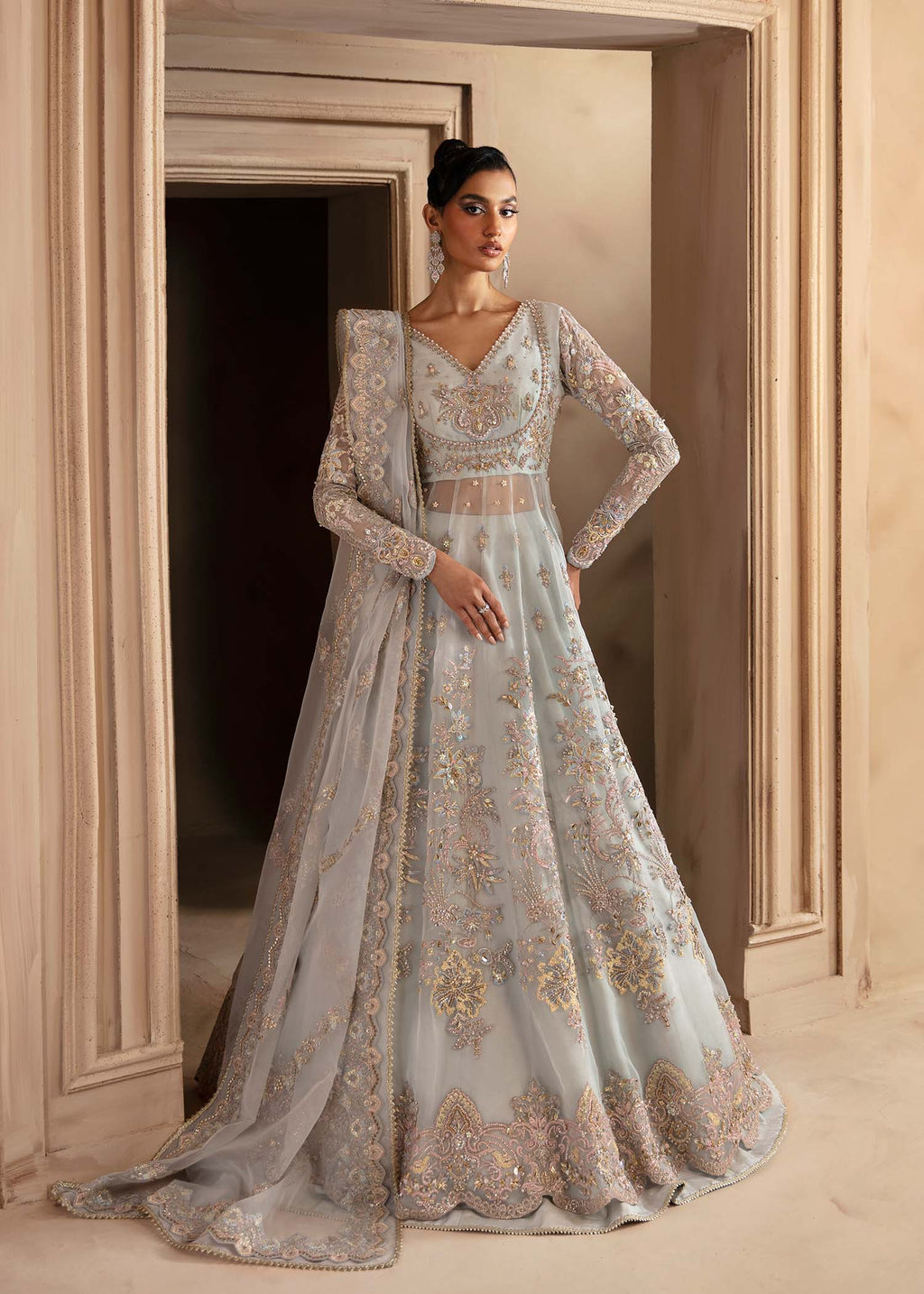 Pakistani Powder Blue Hand-Embellished Organza Lehenga (3-Piece) - Image 1