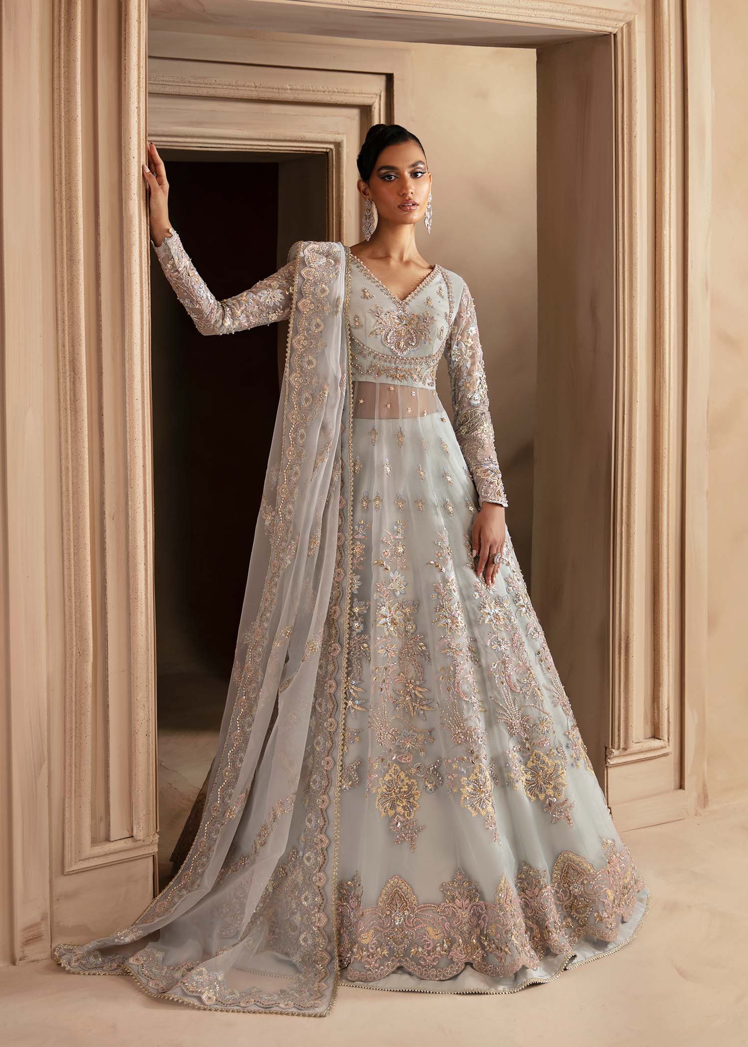 Pakistani Powder Blue Hand-Embellished Organza Lehenga (3-Piece) - Image 2