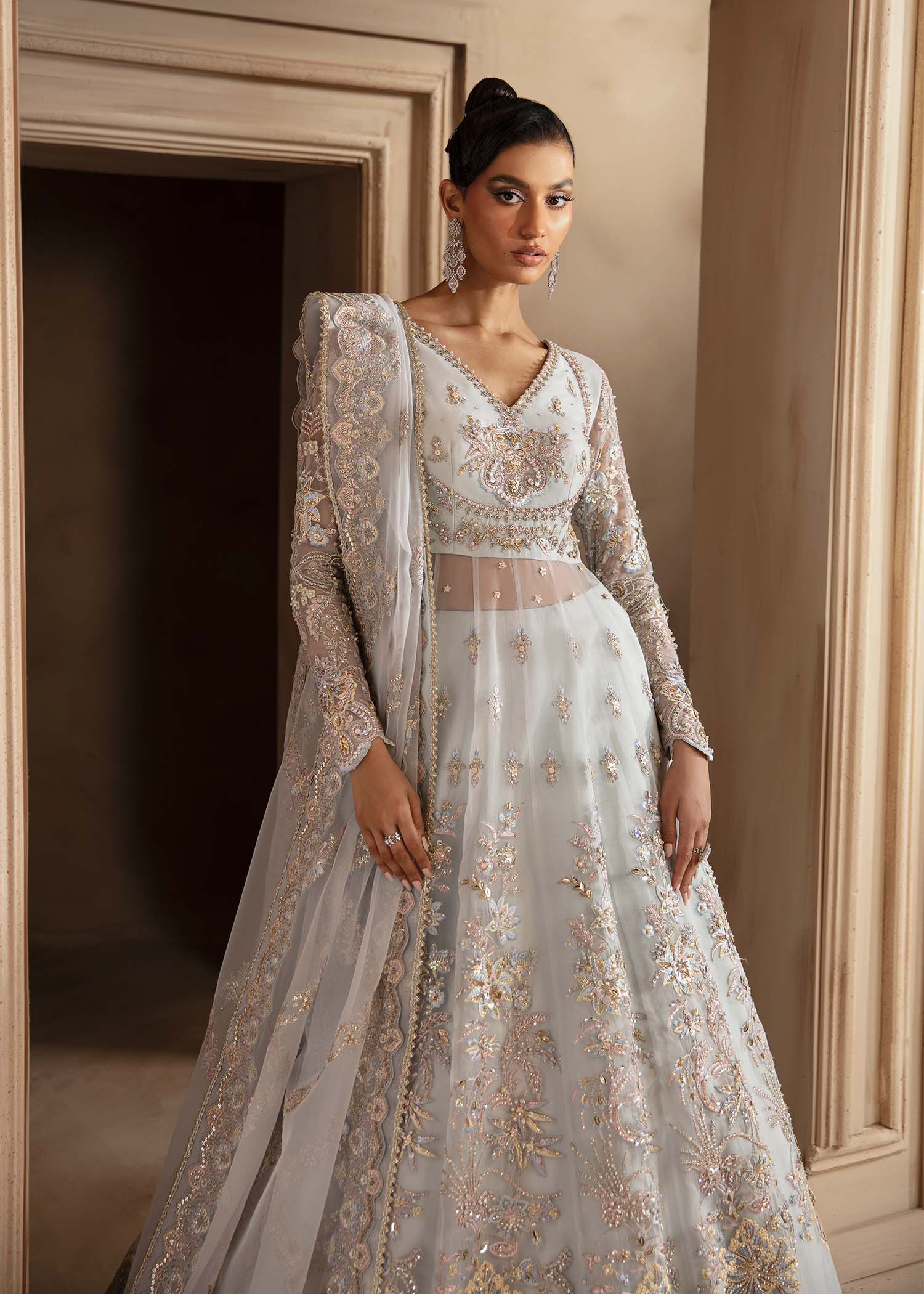 Pakistani Powder Blue Hand-Embellished Organza Lehenga (3-Piece) - Image 3