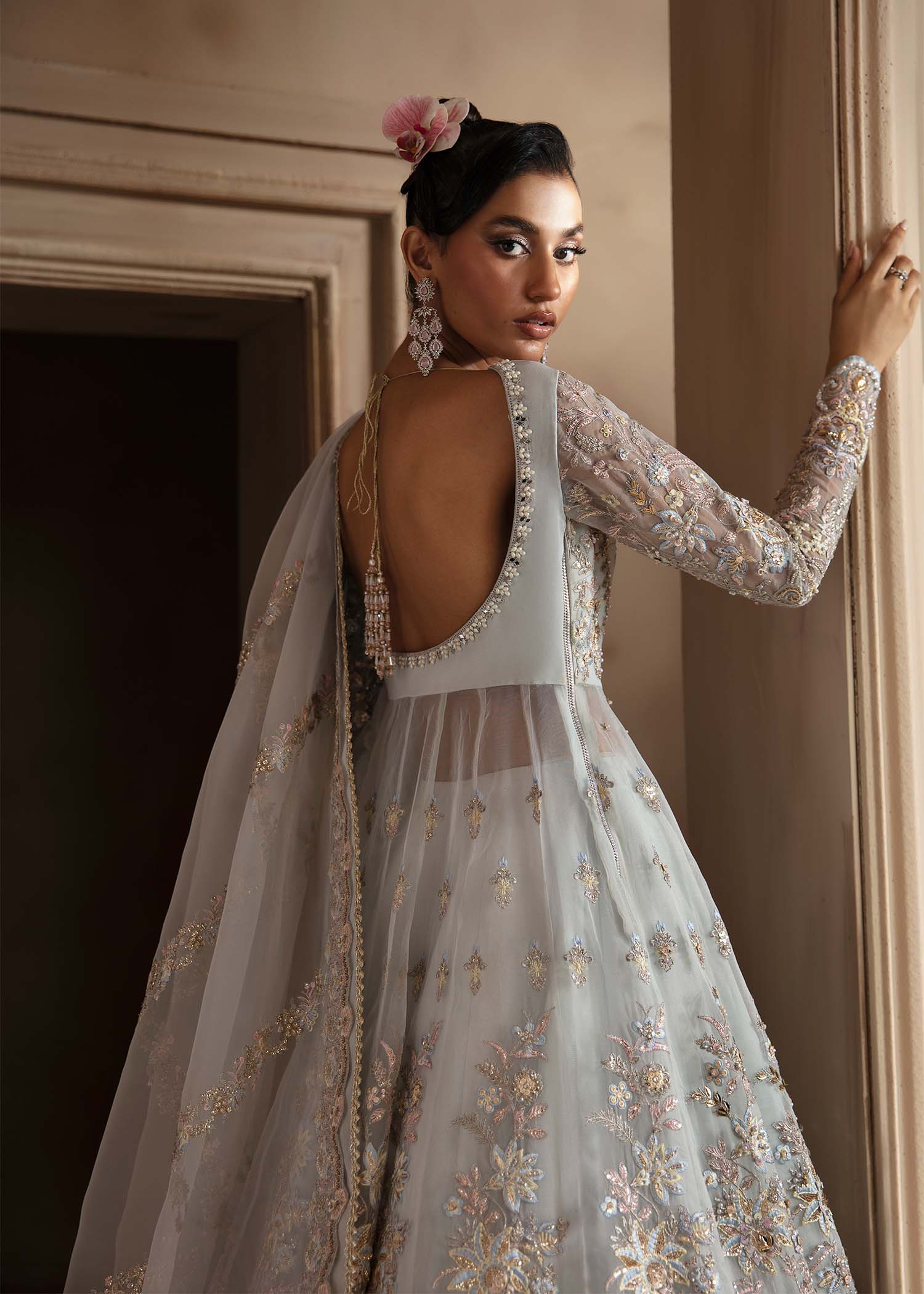 Pakistani Powder Blue Hand-Embellished Organza Lehenga (3-Piece) - Image 5