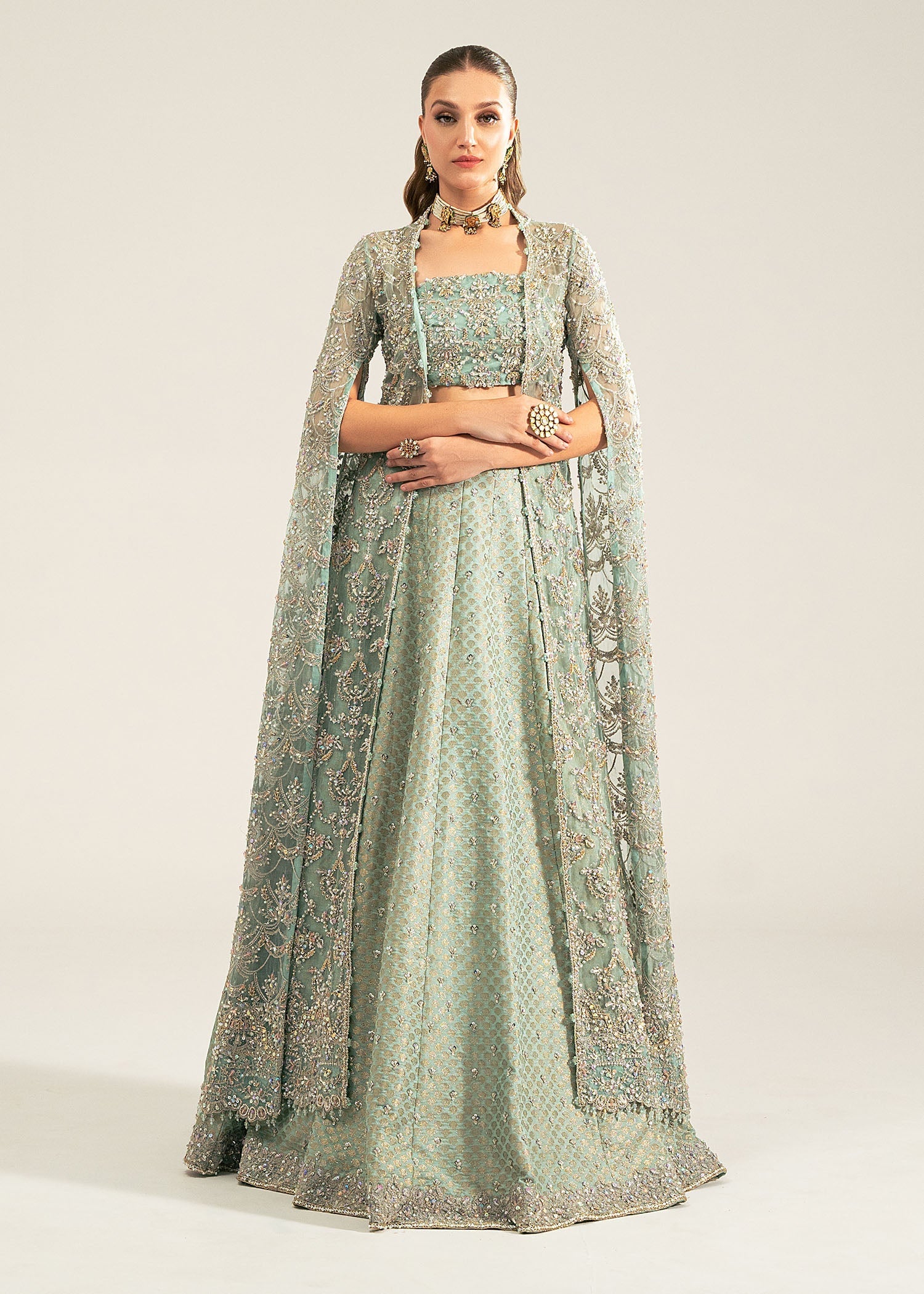 Indian Aqua Embellished Kathan Organza & Jamavar Lehenga (3-Piece) - Image 1