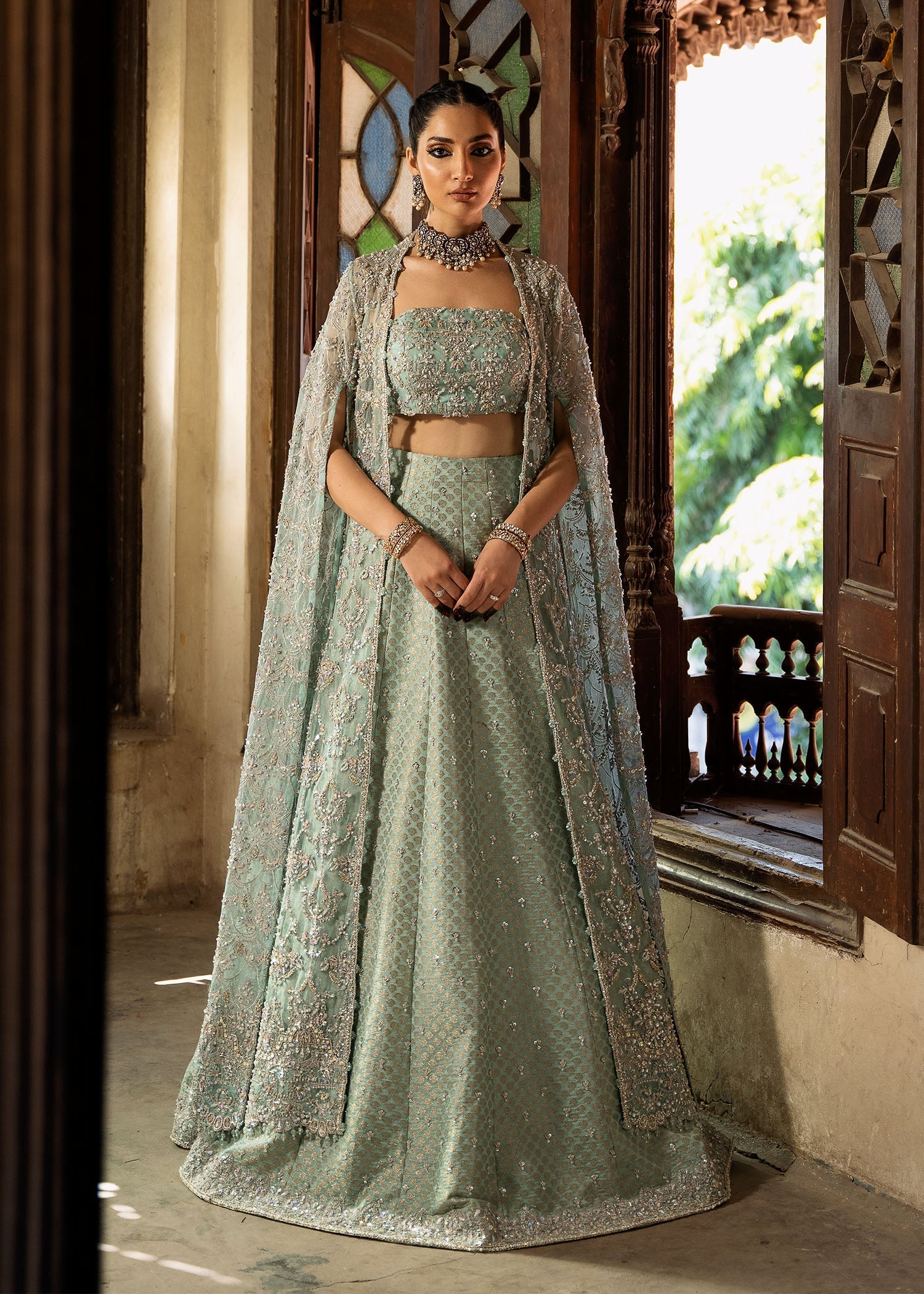 Indian Aqua Embellished Kathan Organza & Jamavar Lehenga (3-Piece) - Image 2