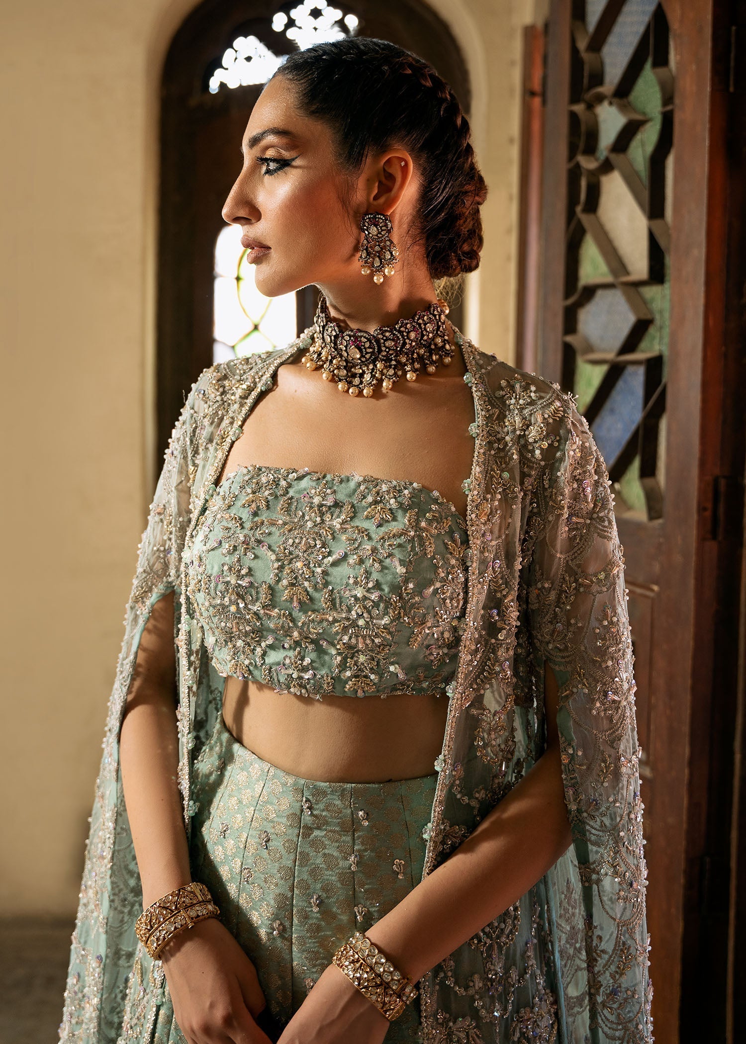 Indian Aqua Embellished Kathan Organza & Jamavar Lehenga (3-Piece) - Image 3