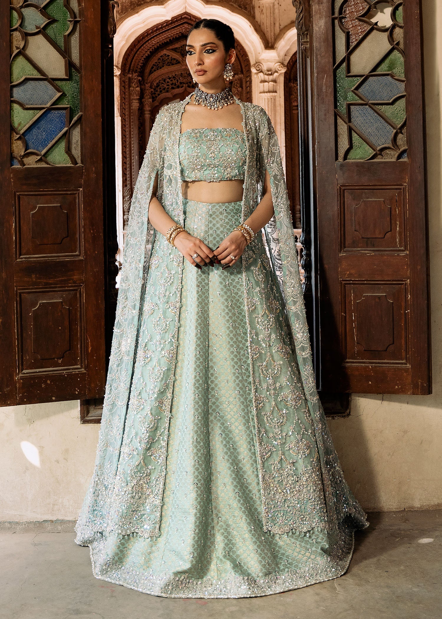 Indian Aqua Embellished Kathan Organza & Jamavar Lehenga (3-Piece) - Image 4