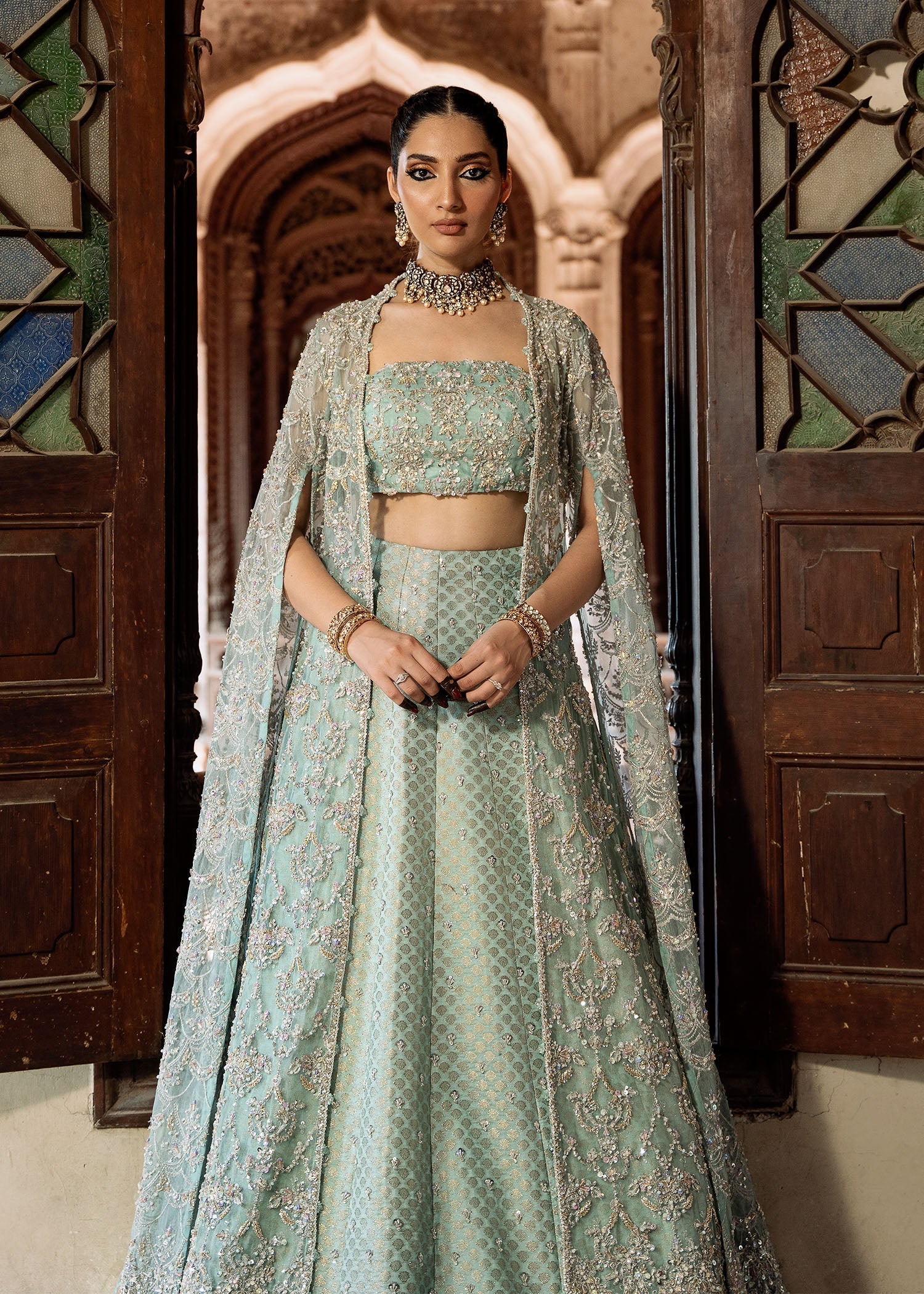 Indian Aqua Embellished Kathan Organza & Jamavar Lehenga (3-Piece) - Image 5