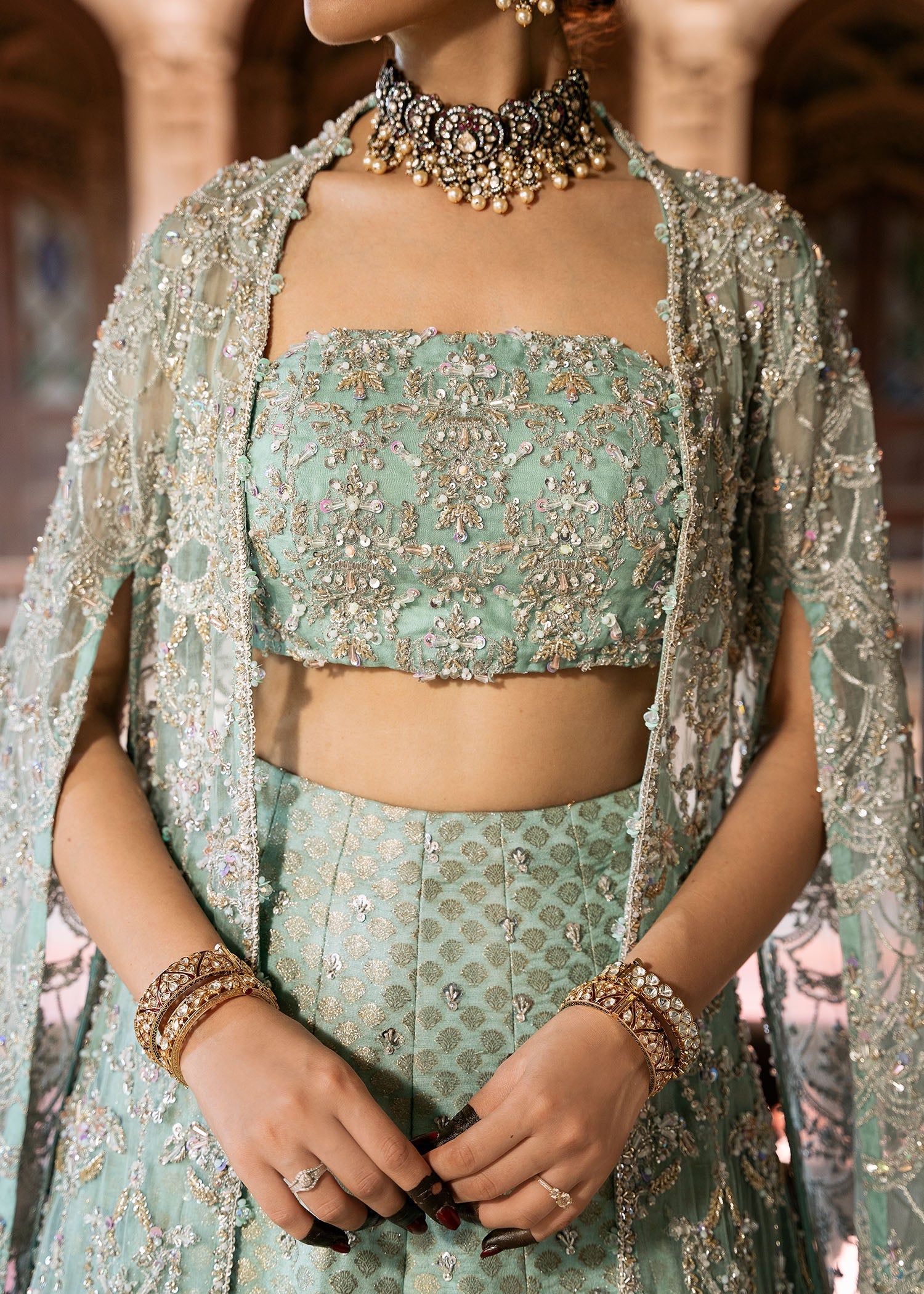 Indian Aqua Embellished Kathan Organza & Jamavar Lehenga (3-Piece) - Image 6