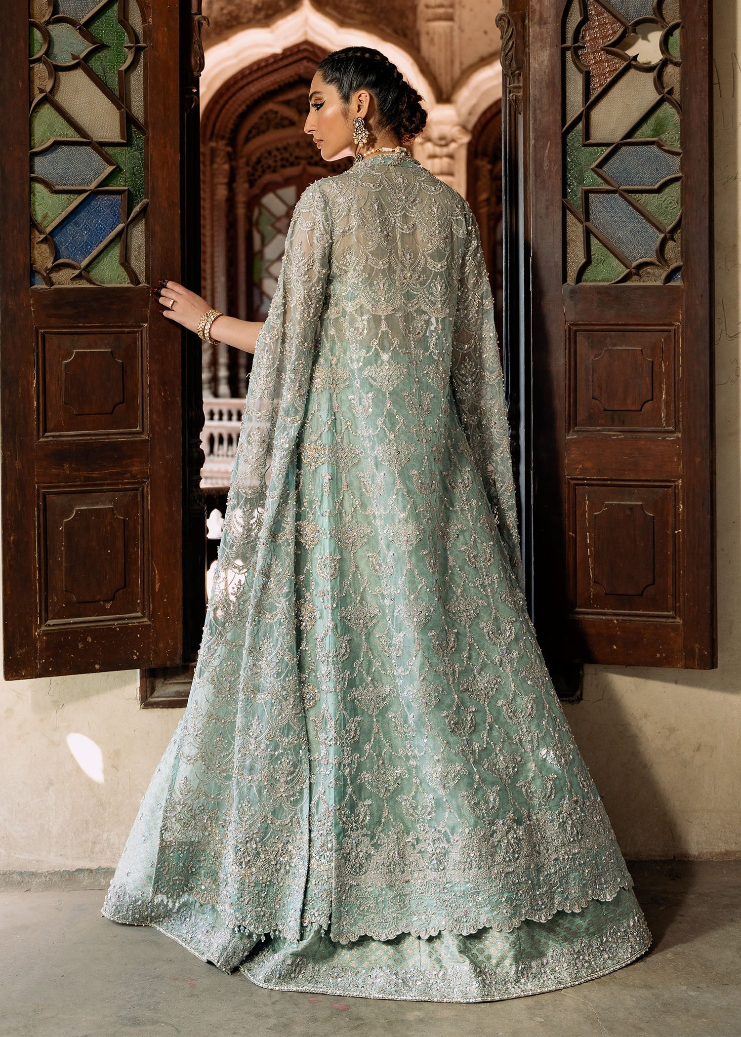 Indian Aqua Embellished Kathan Organza & Jamavar Lehenga (3-Piece) - Image 7