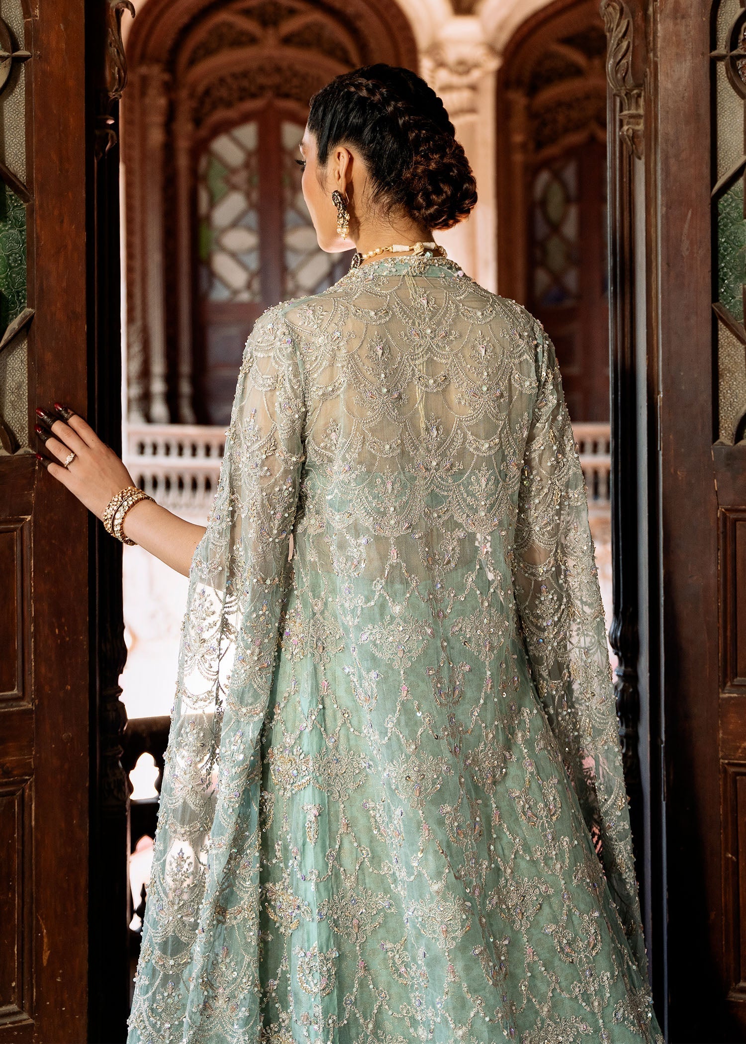 Indian Aqua Embellished Kathan Organza & Jamavar Lehenga (3-Piece) - Image 8