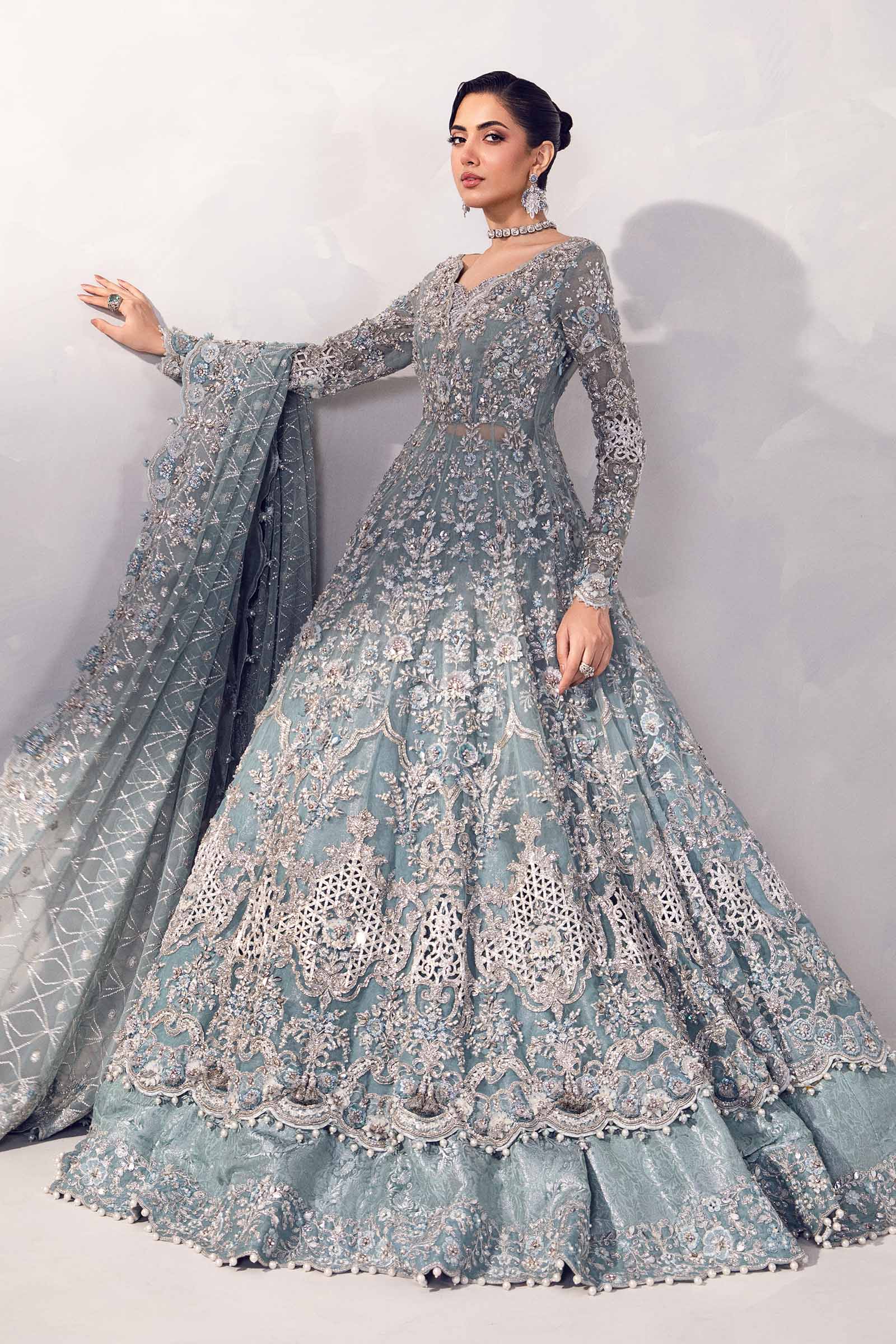 Ice Blue 3D Floral Organza Frock & Kamkhwab Lehenga (3-Piece) - Image 10