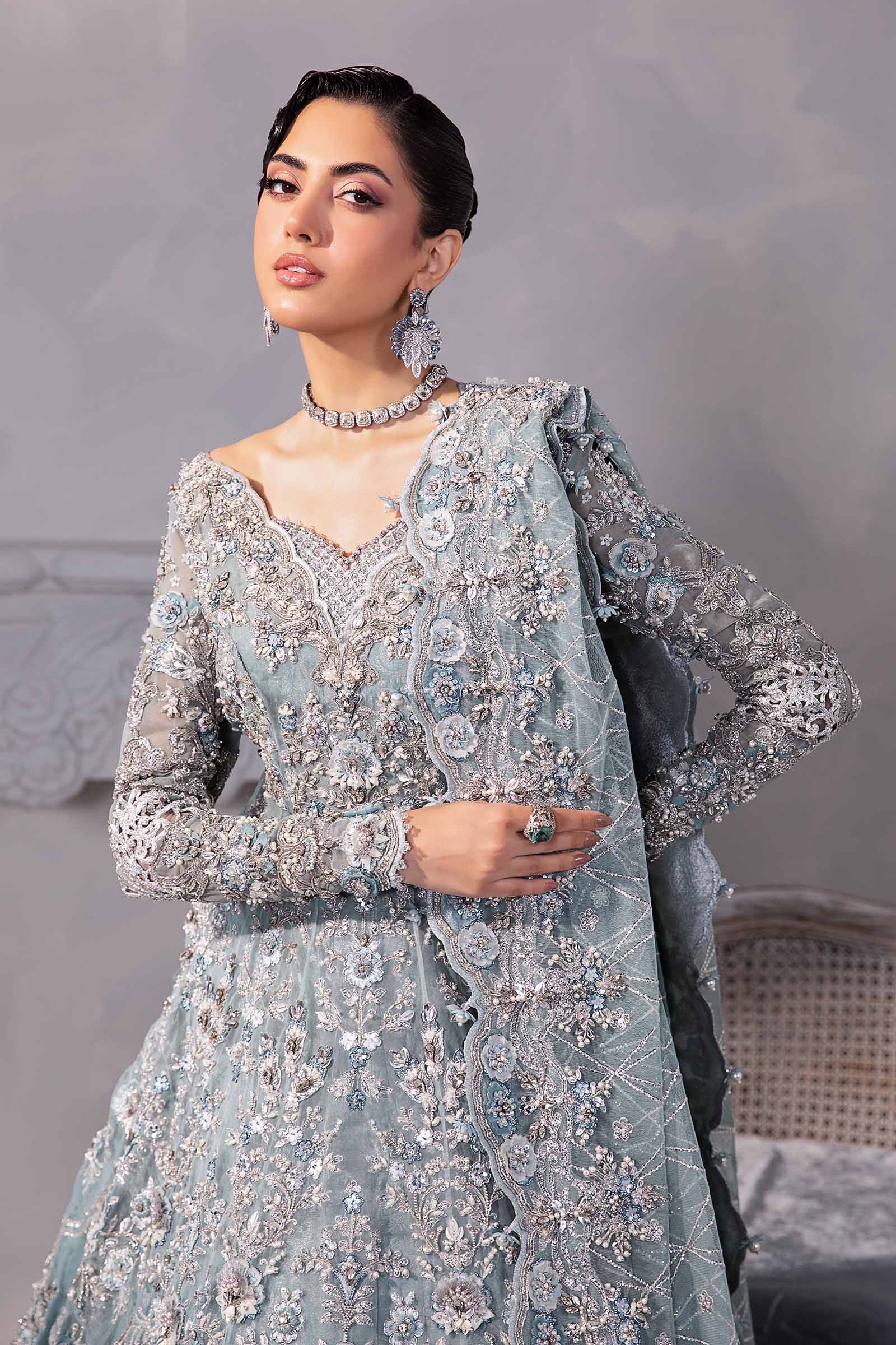 Ice Blue 3D Floral Organza Frock & Kamkhwab Lehenga (3-Piece) - Image 2