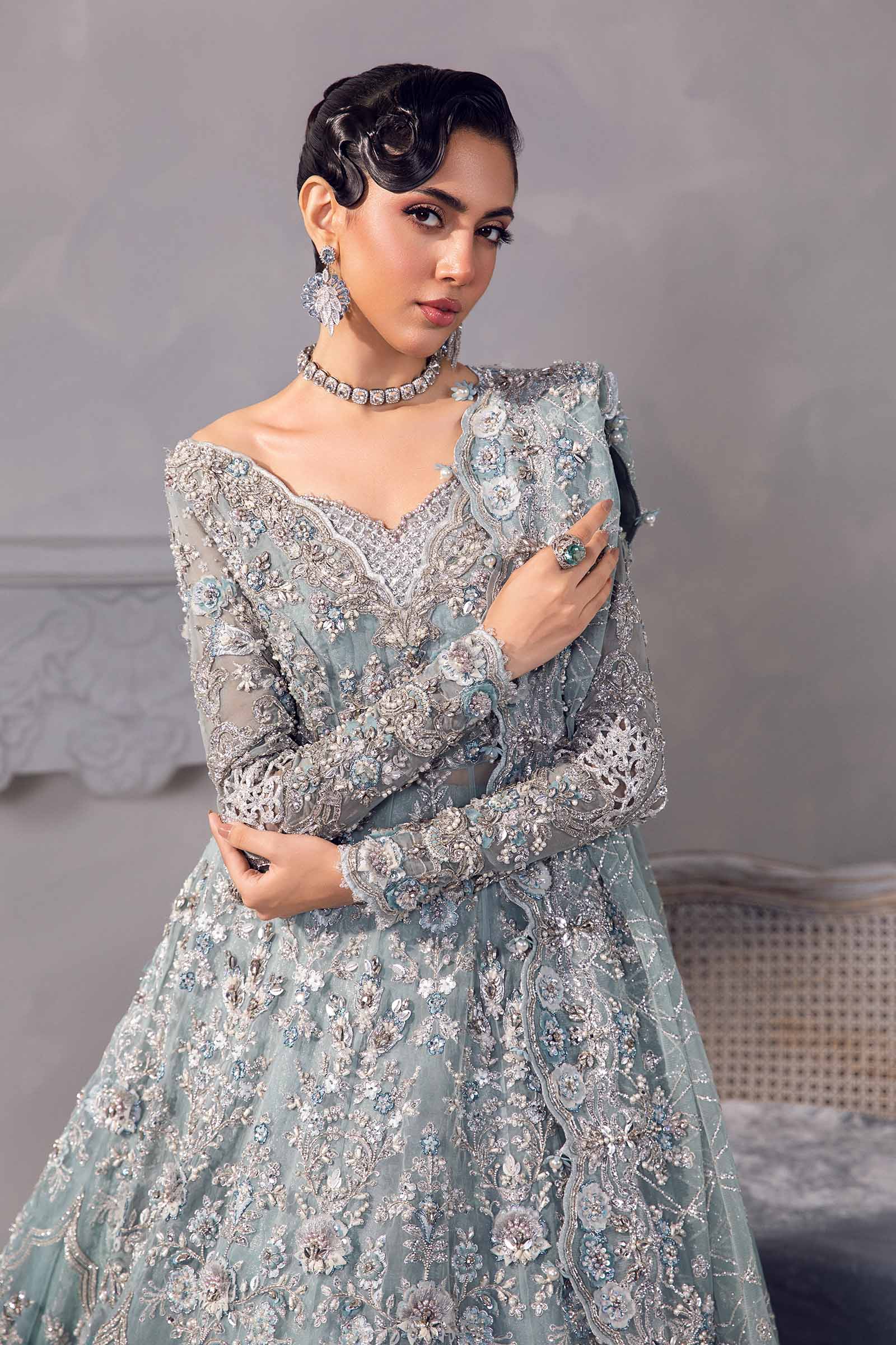 Ice Blue 3D Floral Organza Frock & Kamkhwab Lehenga (3-Piece) - Image 3