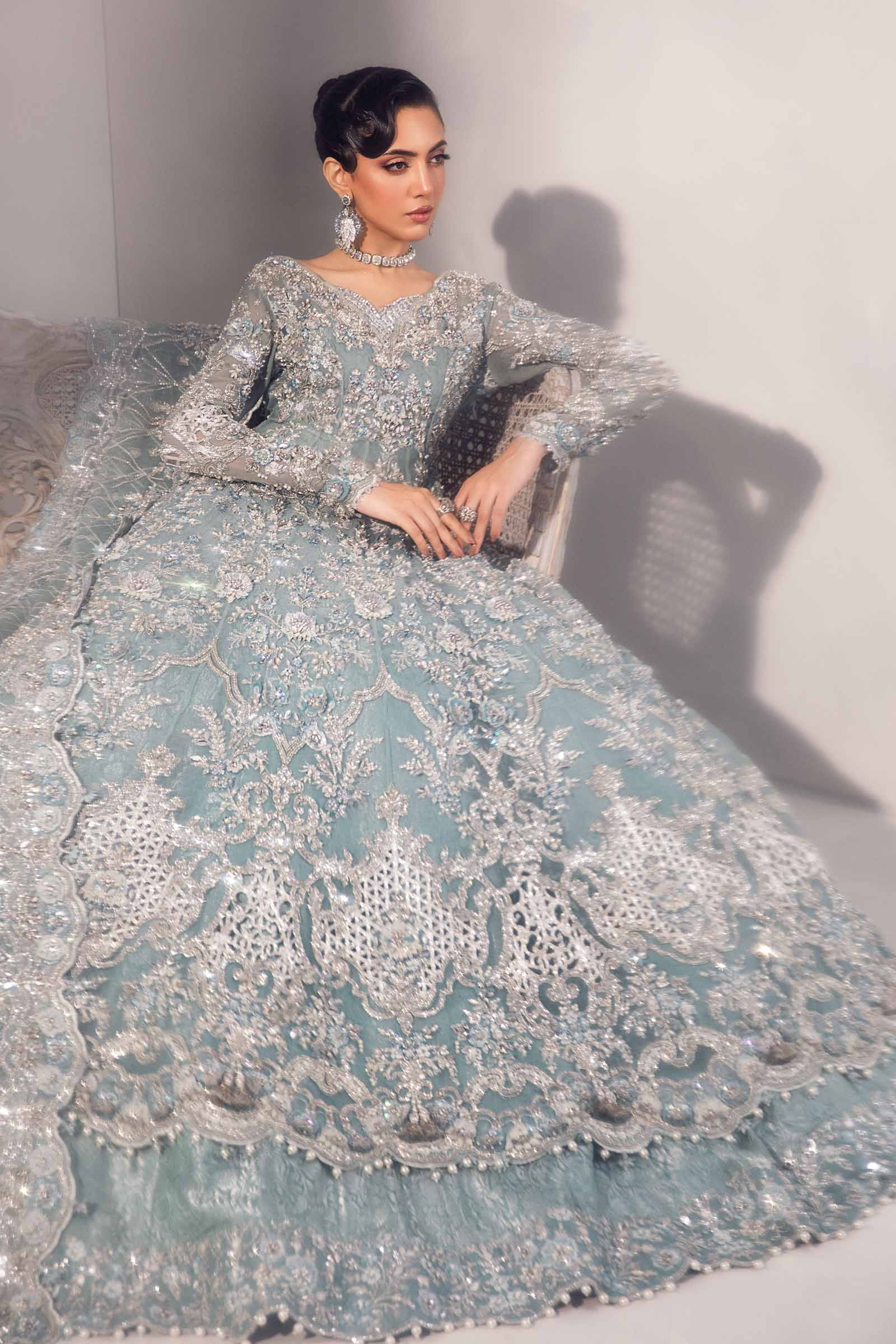 Ice Blue 3D Floral Organza Frock & Kamkhwab Lehenga (3-Piece) - Image 6