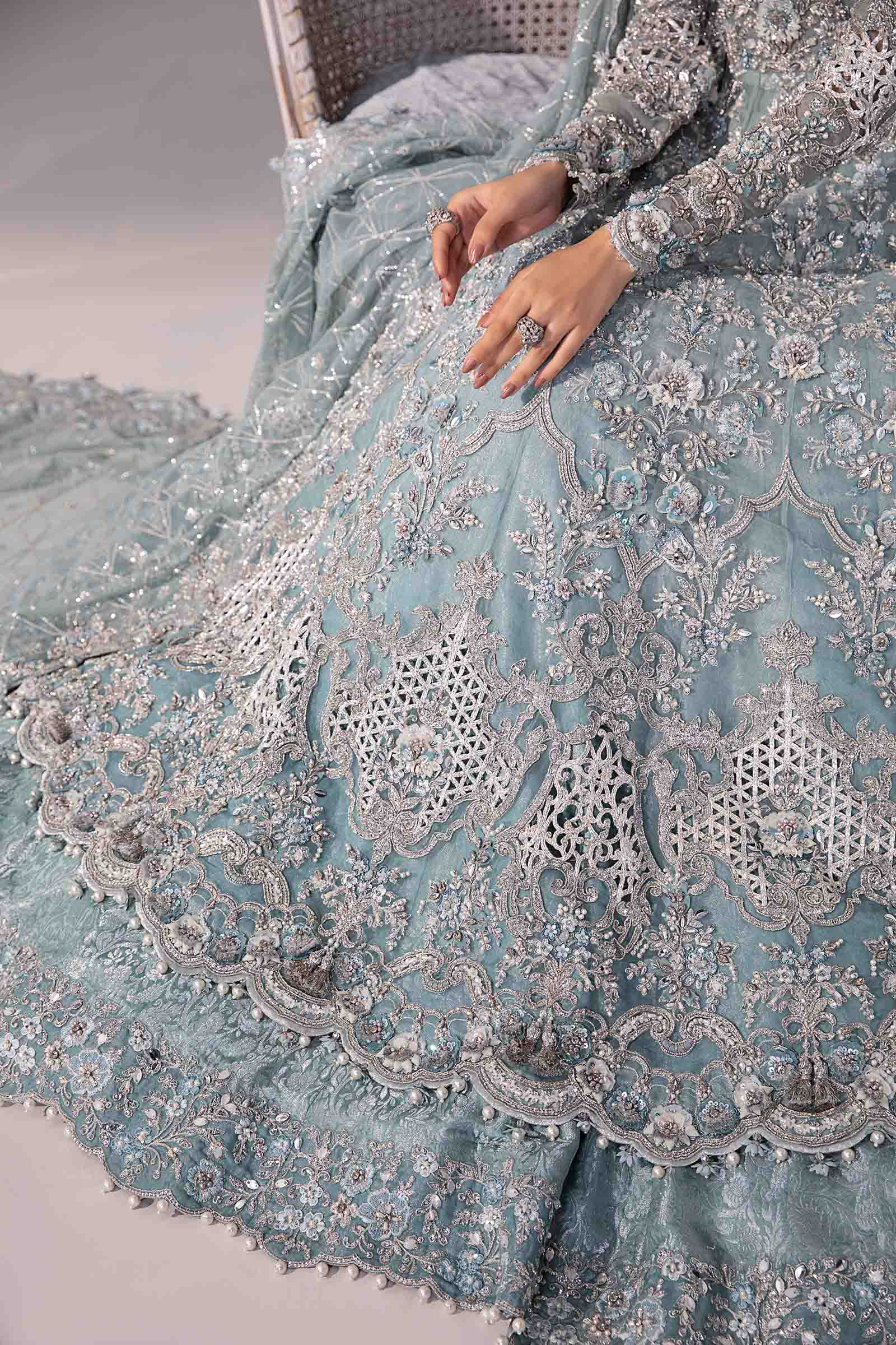 Ice Blue 3D Floral Organza Frock & Kamkhwab Lehenga (3-Piece) - Image 7