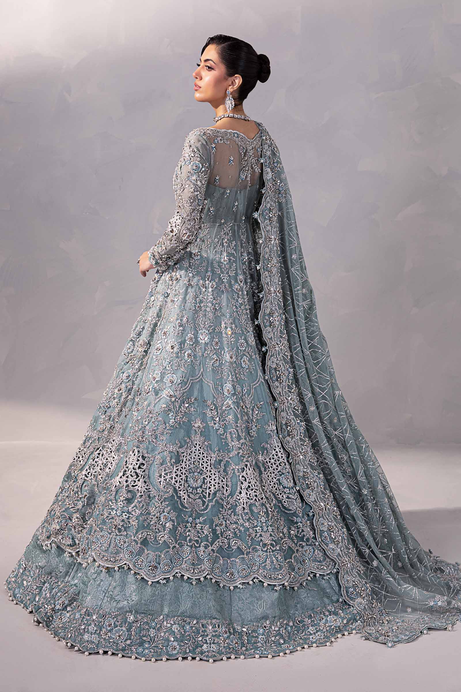 Ice Blue 3D Floral Organza Frock & Kamkhwab Lehenga (3-Piece) - Image 8