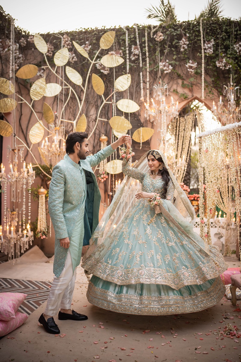 Pakistani Ice Blue Embroidered Organza Pishwas Dress (3-Piece) - Image 6