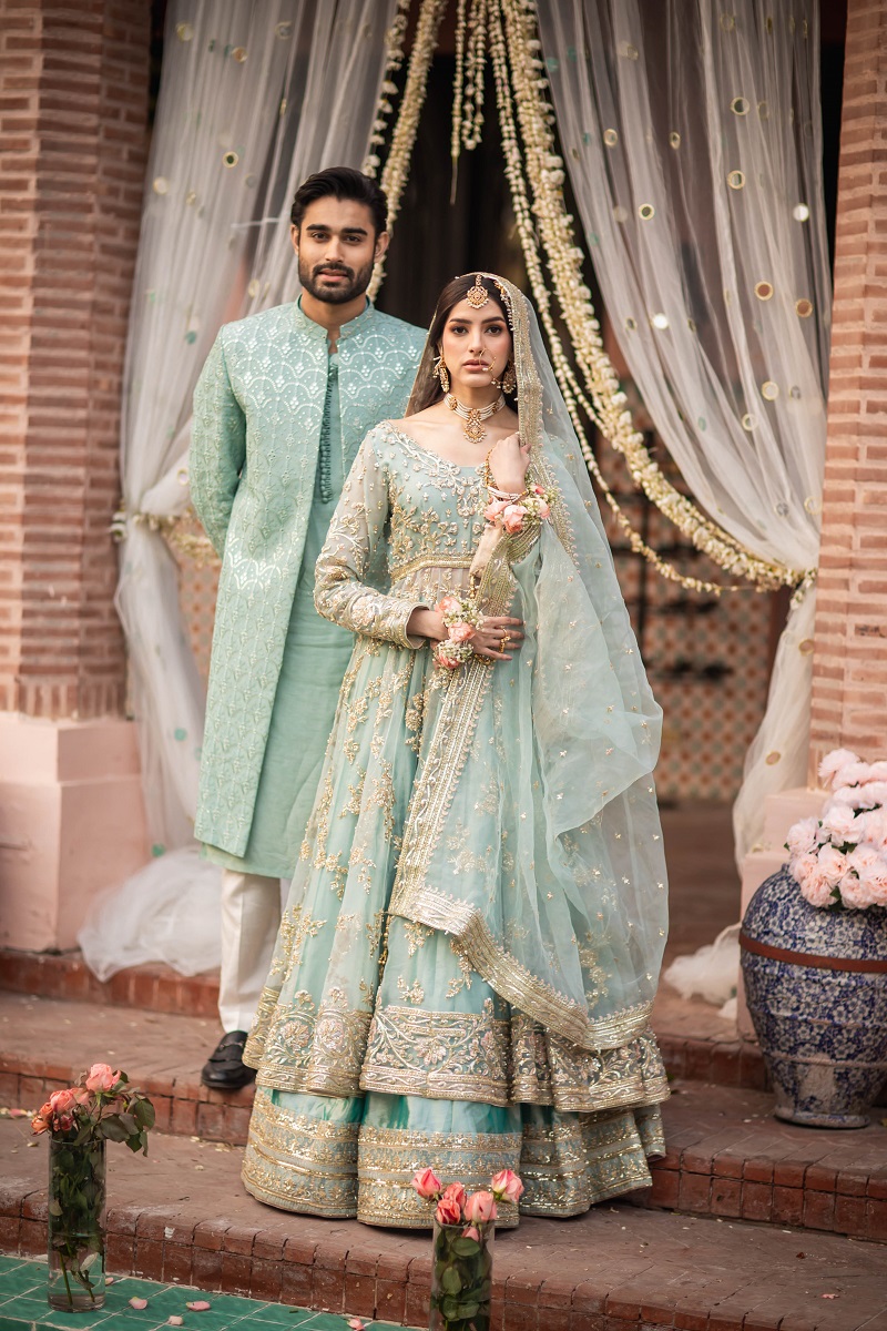 Pakistani Ice Blue Embroidered Organza Pishwas Dress (3-Piece) - Image 9