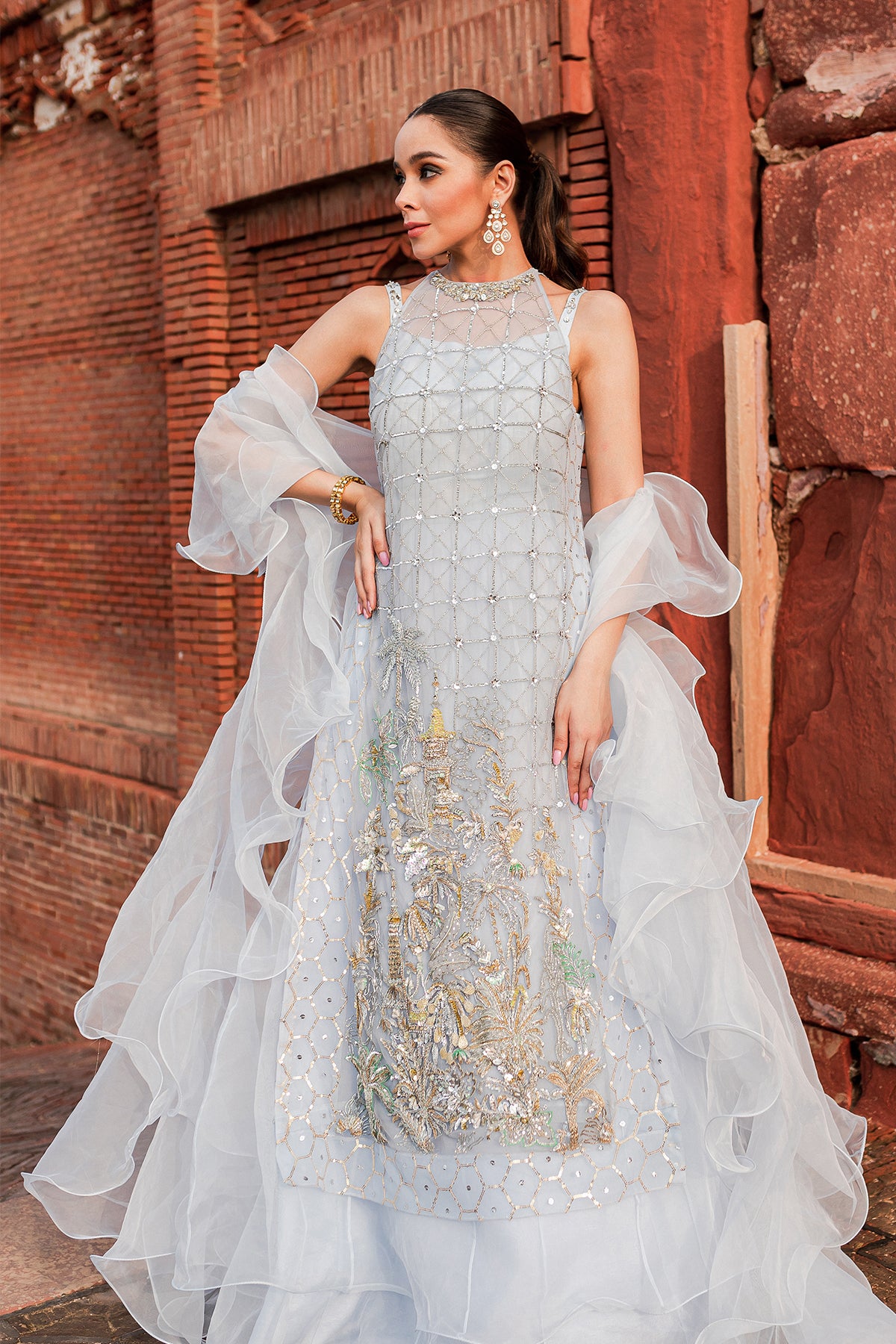 Pakistani Periwinkle Ganga Jamni Dabka Organza Lehenga (4-Piece) - Image 1
