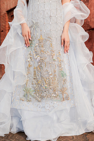 Pakistani Periwinkle Ganga Jamni Dabka Organza Lehenga (4-Piece) - Image 3