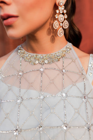 Pakistani Periwinkle Ganga Jamni Dabka Organza Lehenga (4-Piece) - Image 4