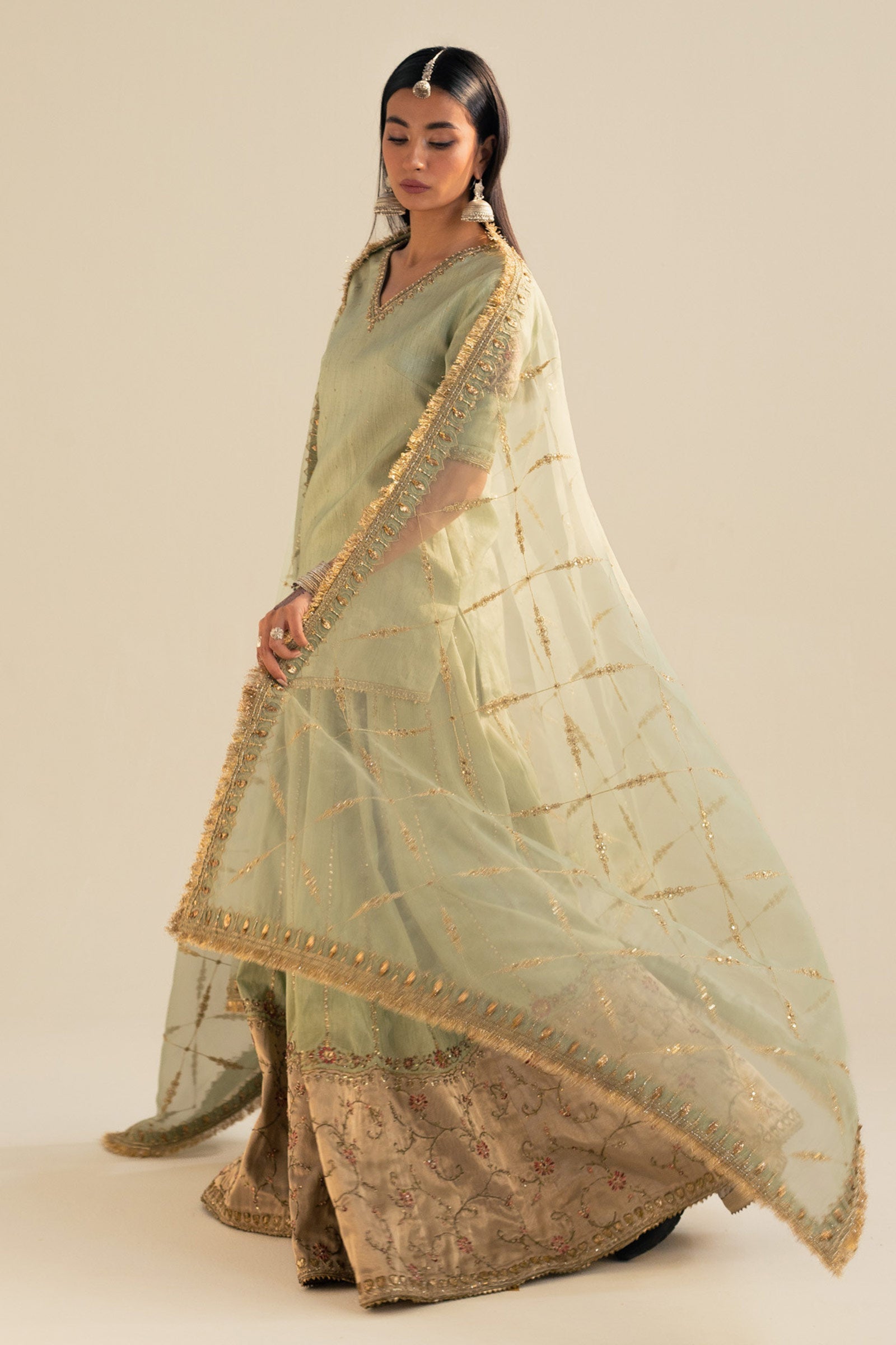Aqua Zardozi Organza & Raw Silk Lehenga (3-Piece) - Image 1