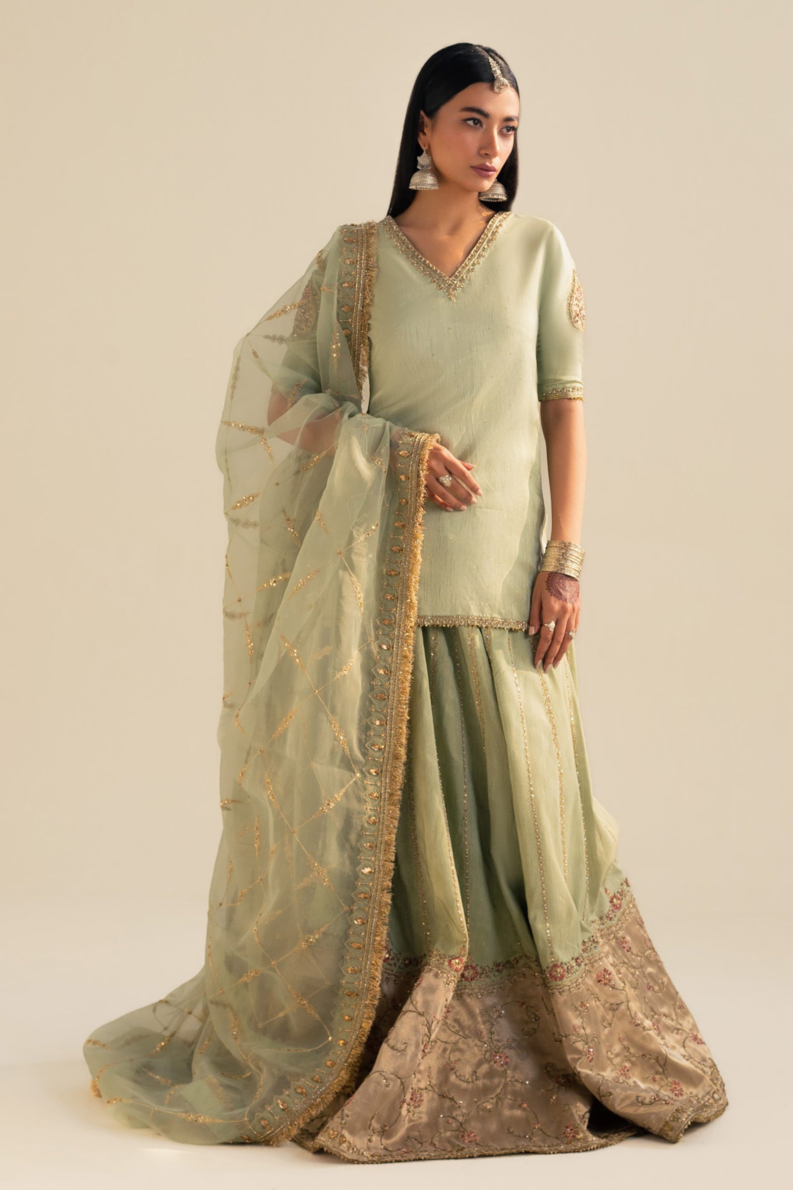 Aqua Zardozi Organza & Raw Silk Lehenga (3-Piece) - Image 2