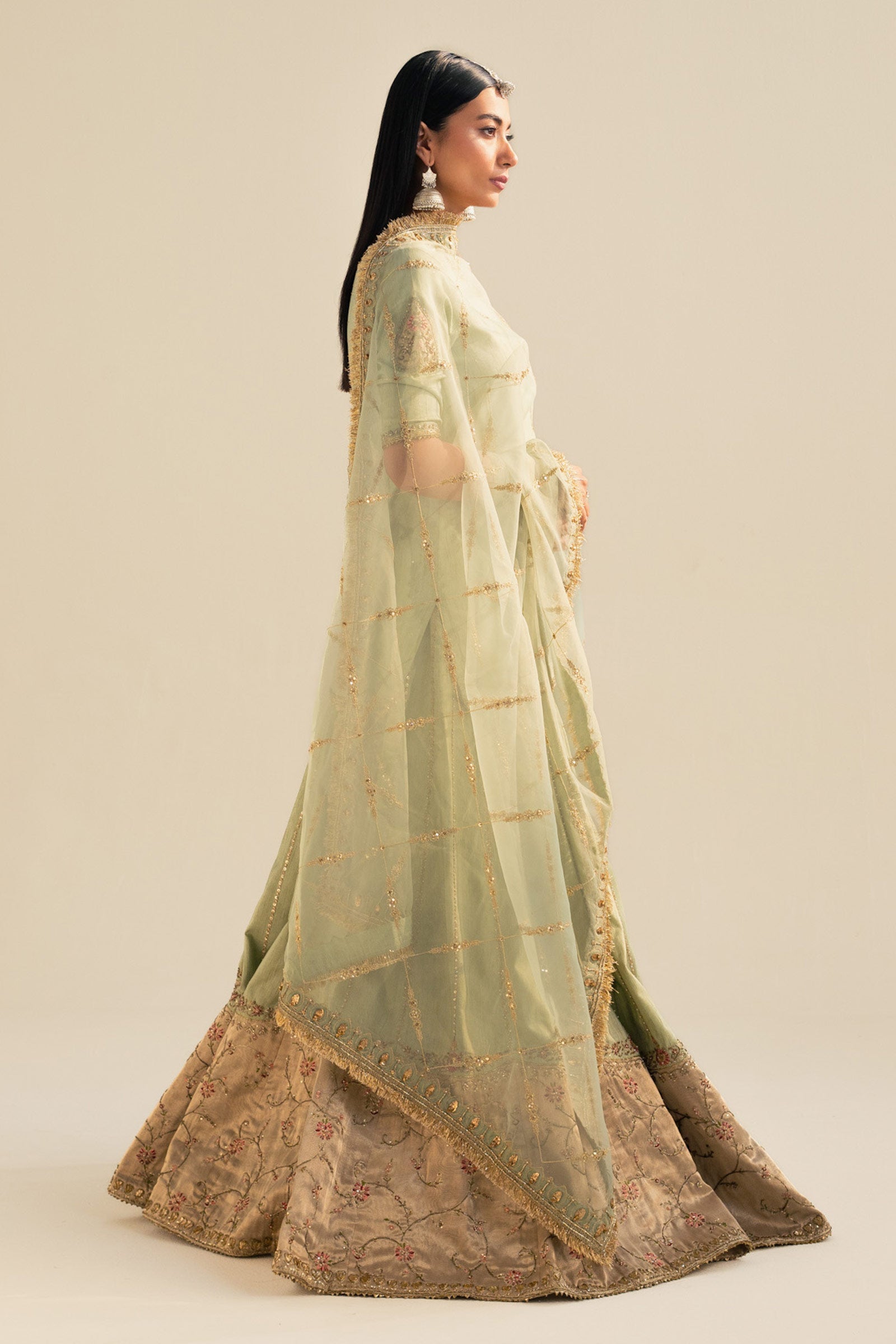 Aqua Zardozi Organza & Raw Silk Lehenga (3-Piece) - Image 4