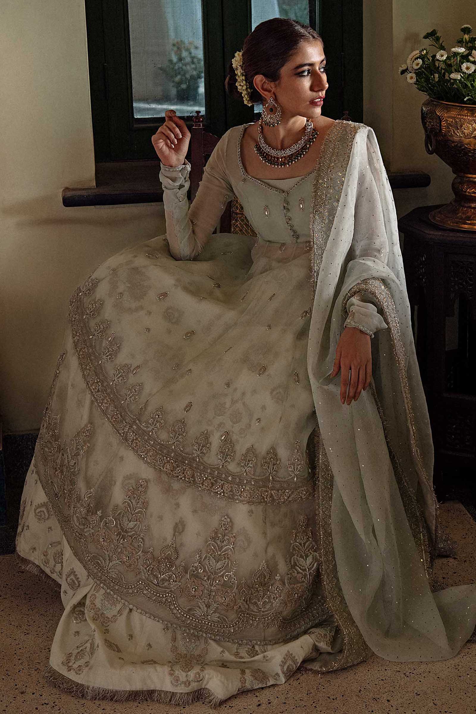 Pakistani Ice Blue Embroidered Organza Peshwaz Dress (3-Piece) - Image 2