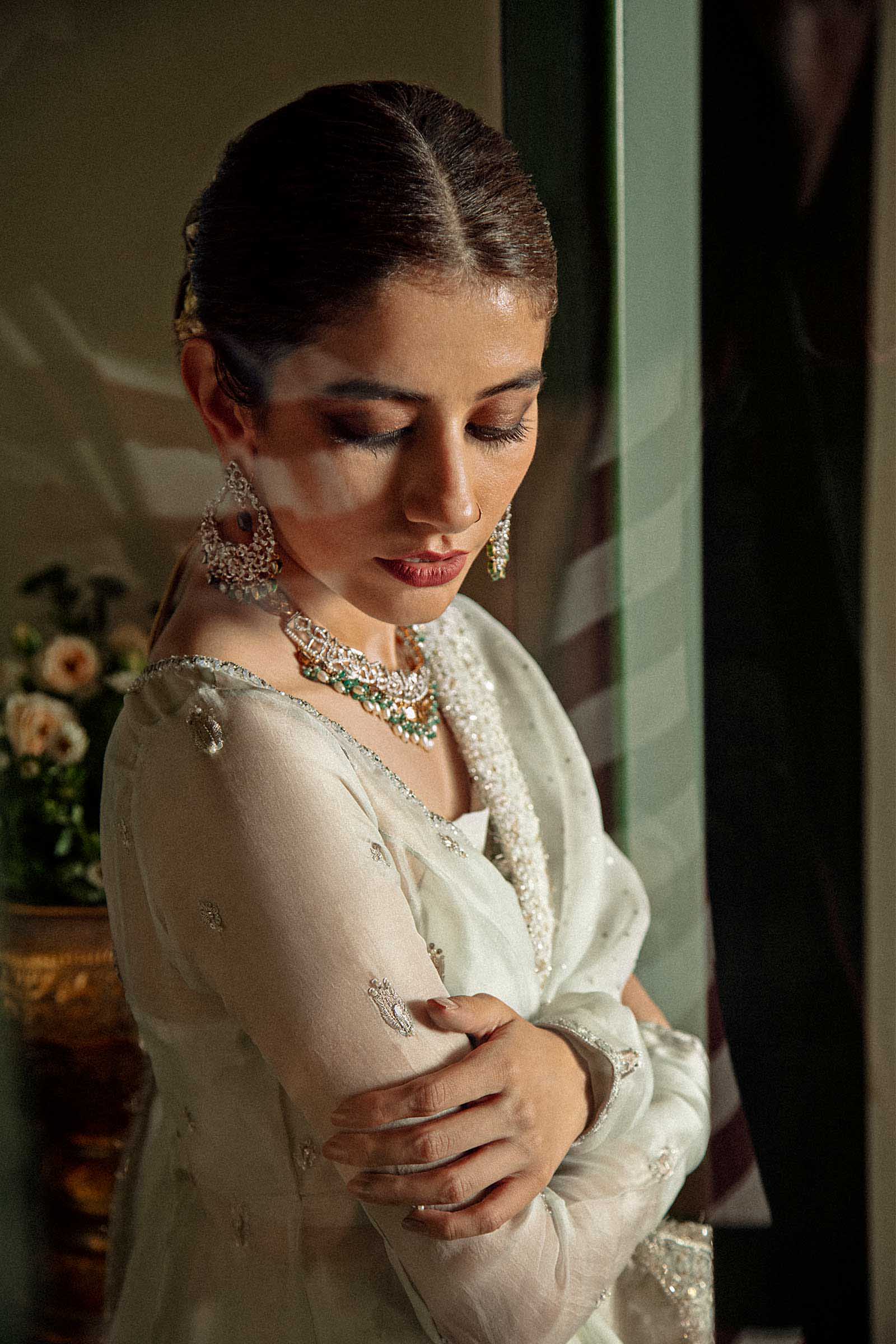 Pakistani Ice Blue Embroidered Organza Peshwaz Dress (3-Piece) - Image 3