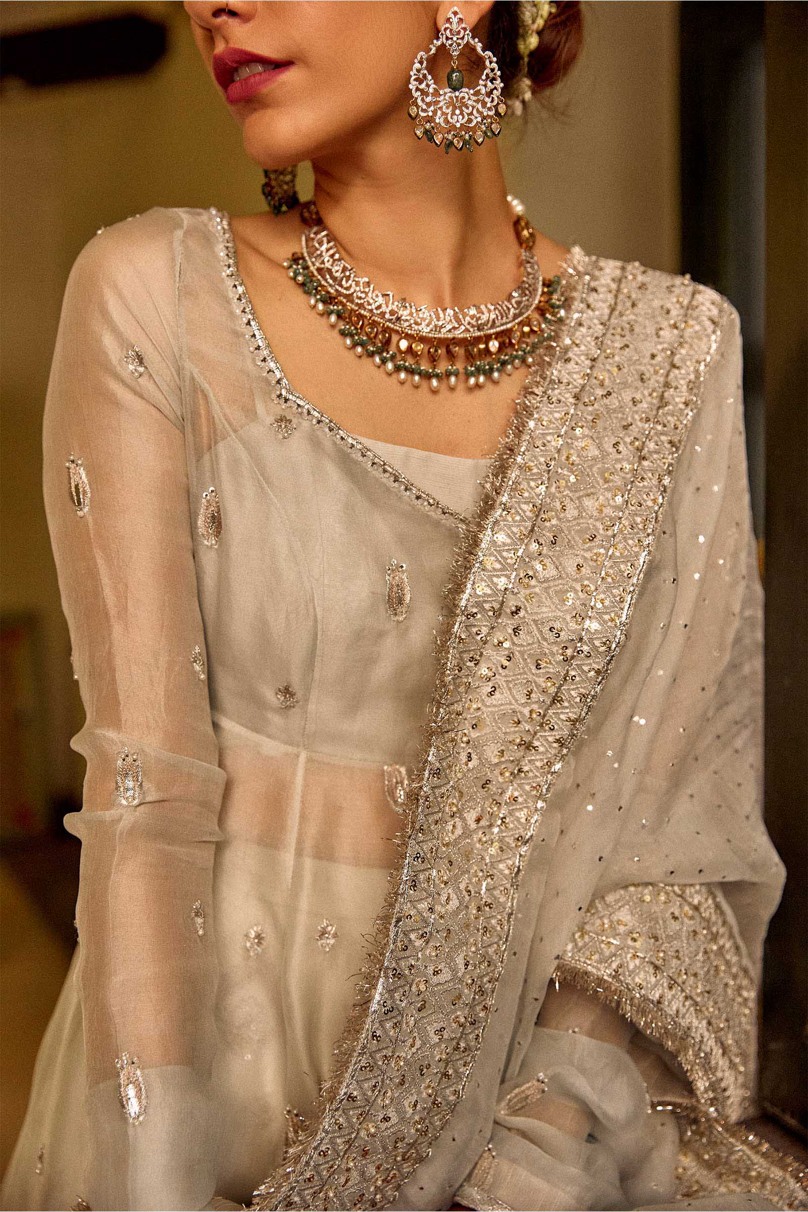 Pakistani Ice Blue Embroidered Organza Peshwaz Dress (3-Piece) - Image 5