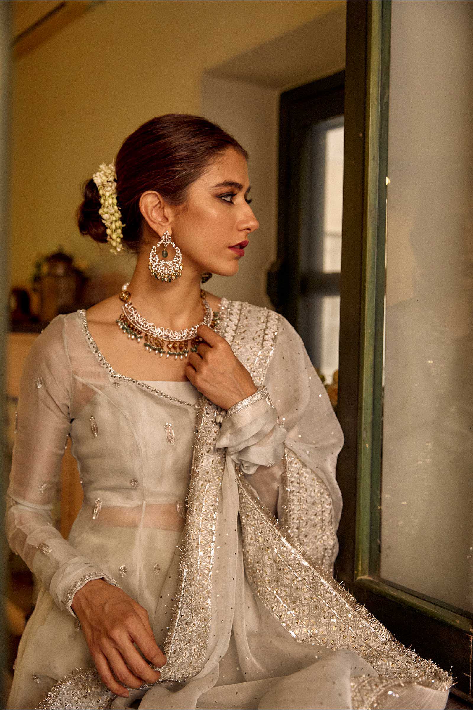 Pakistani Ice Blue Embroidered Organza Peshwaz Dress (3-Piece) - Image 6