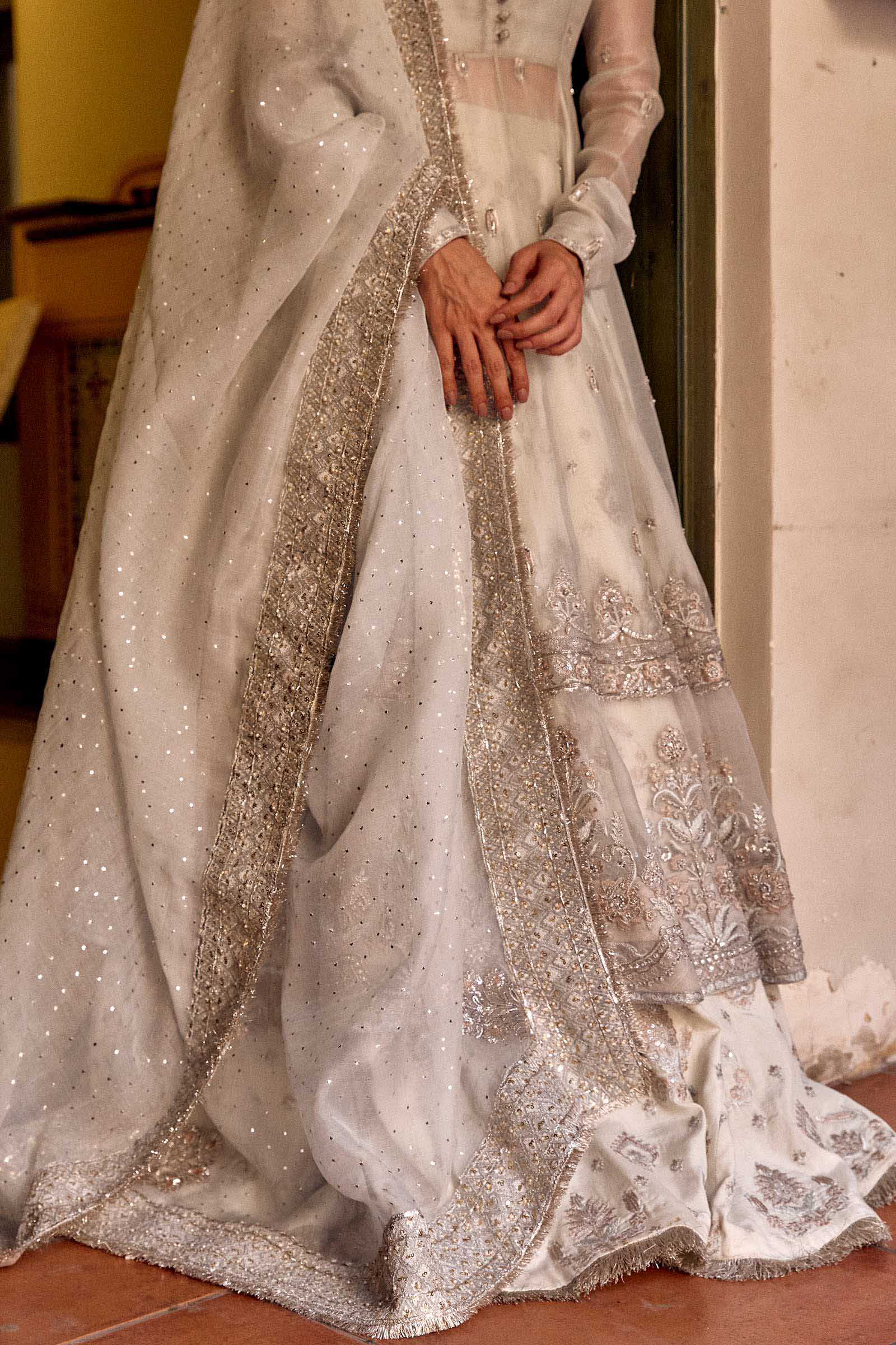 Pakistani Ice Blue Embroidered Organza Peshwaz Dress (3-Piece) - Image 7