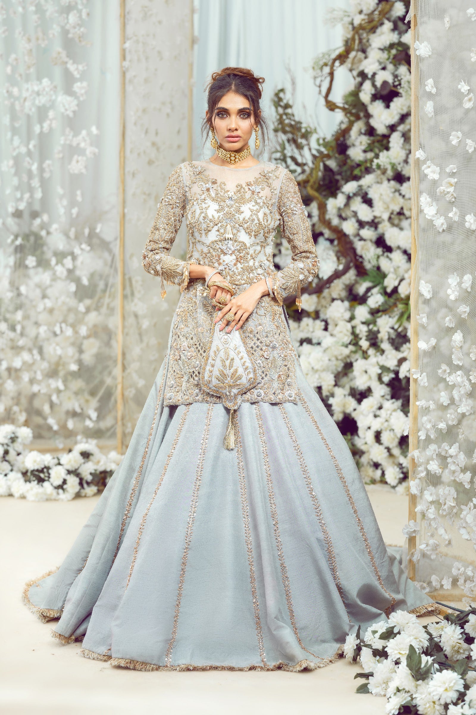 Pakistani Siera Blue Zardozi Organza & Raw Silk Lehenga (3-Piece) - Image 1