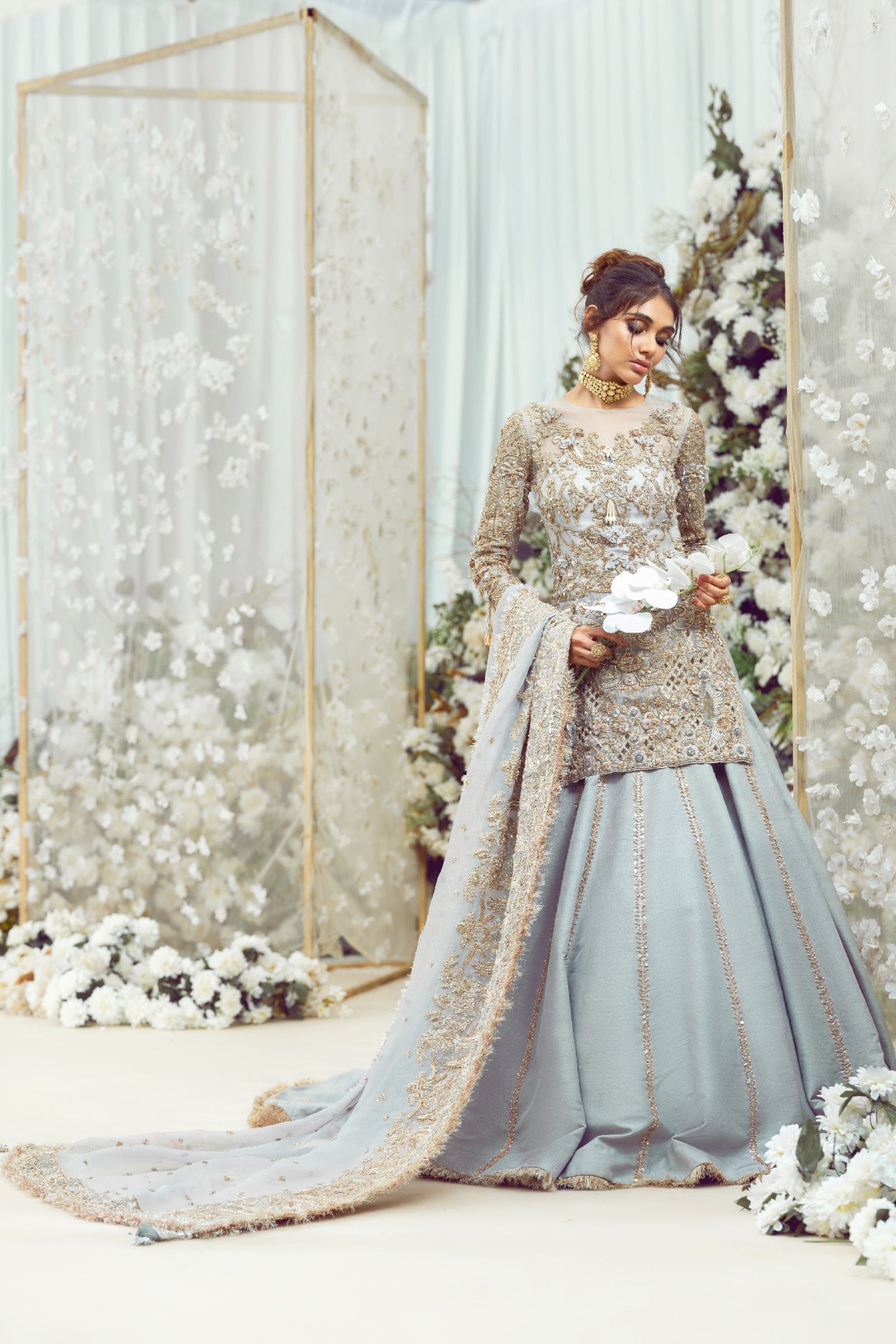Pakistani Siera Blue Zardozi Organza & Raw Silk Lehenga (3-Piece) - Image 2