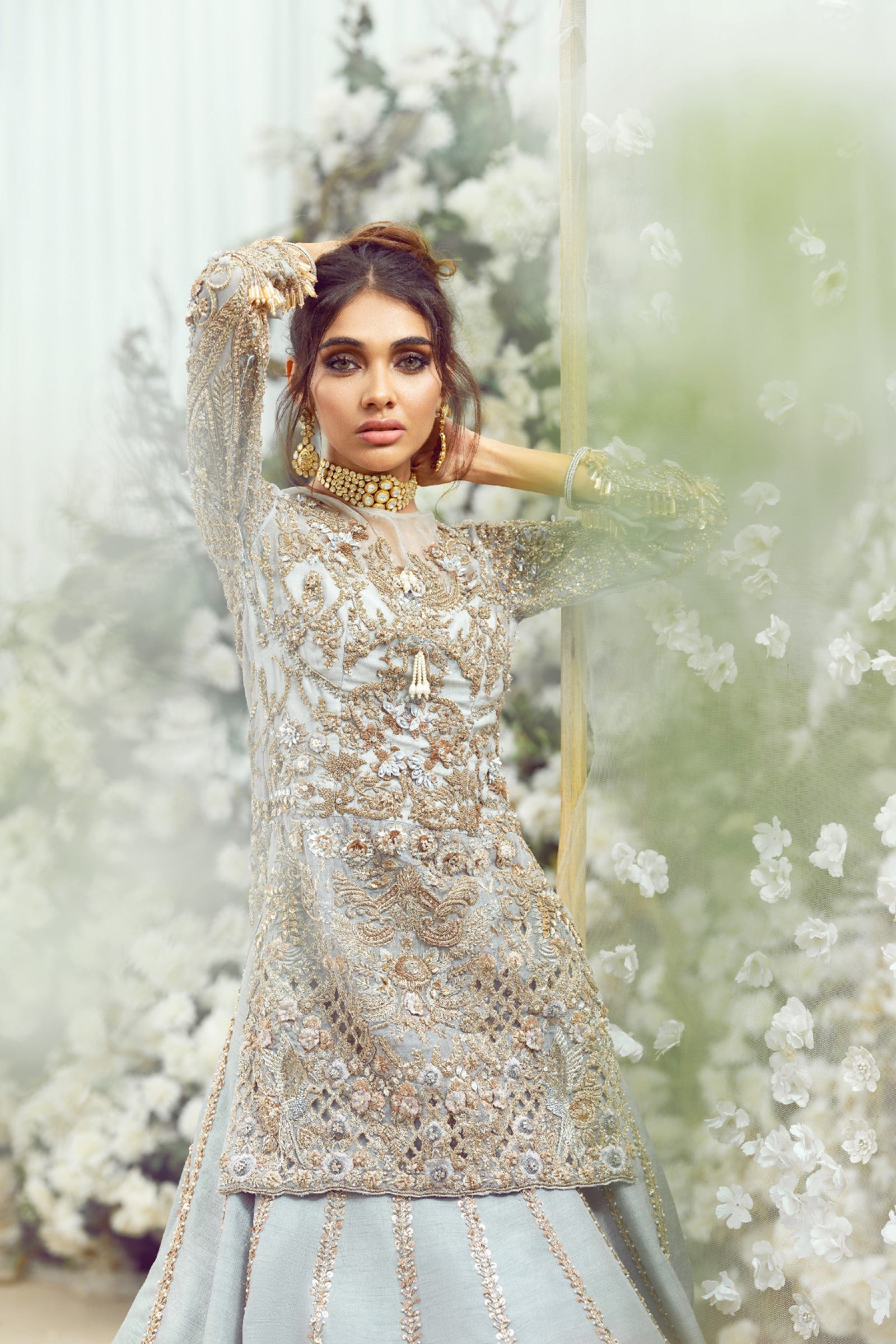 Pakistani Siera Blue Zardozi Organza & Raw Silk Lehenga (3-Piece) - Image 3