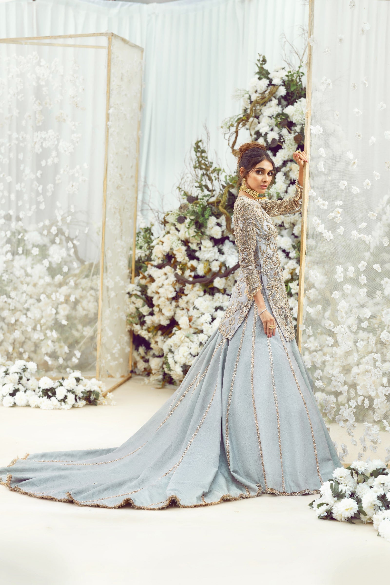 Pakistani Siera Blue Zardozi Organza & Raw Silk Lehenga (3-Piece) - Image 5