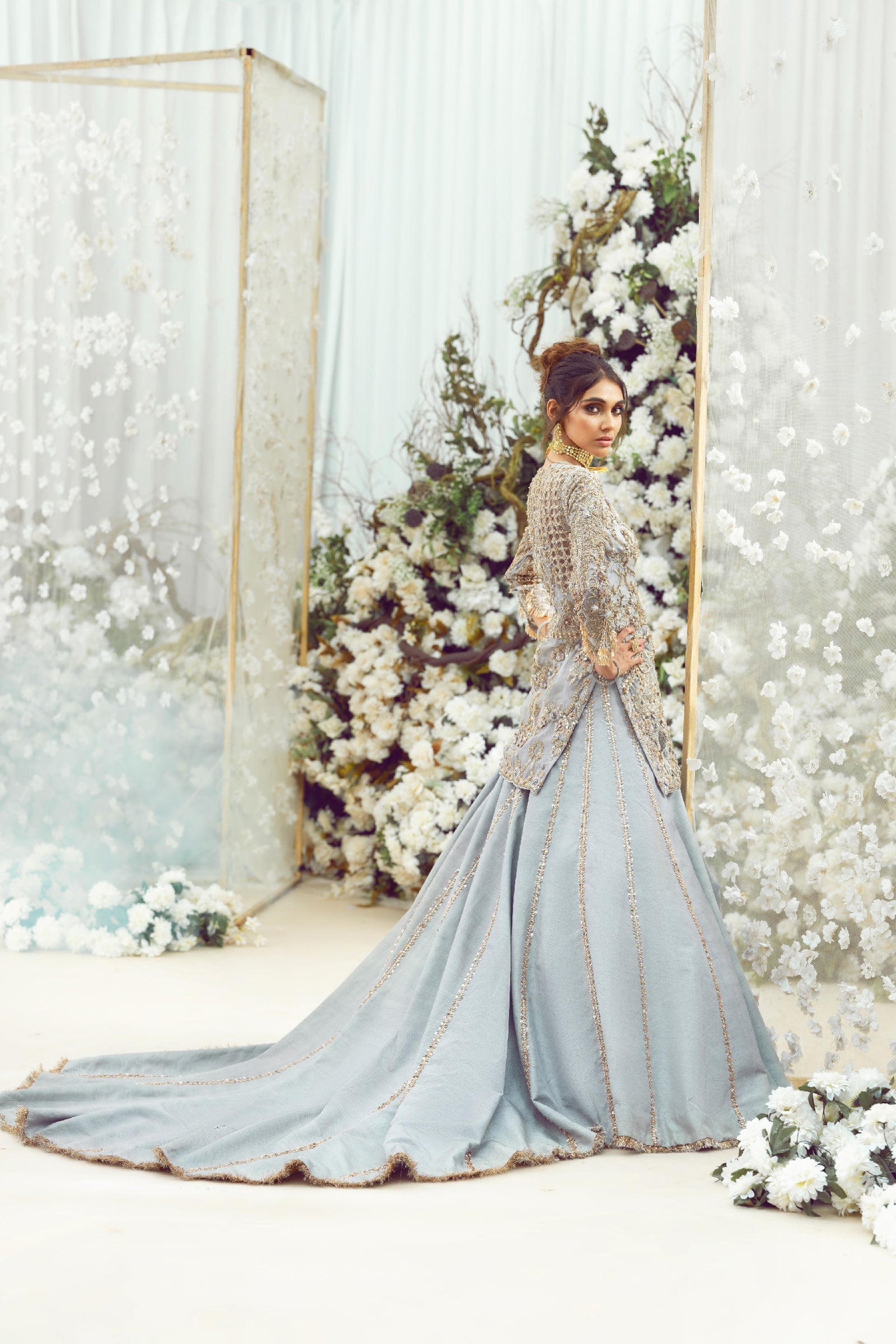 Pakistani Siera Blue Zardozi Organza & Raw Silk Lehenga (3-Piece) - Image 7