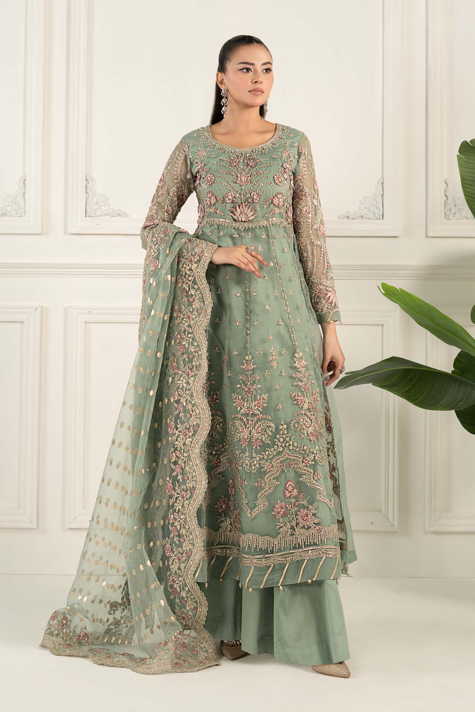 Aqua Embroidered Organza Long Shirt Lehenga (3-Piece) - Image 1
