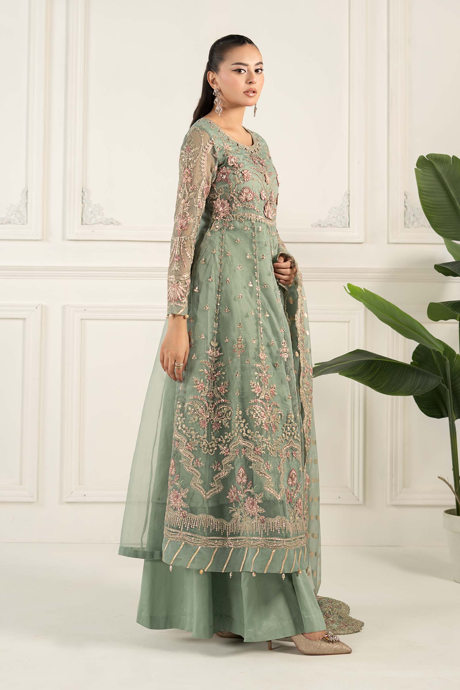 Aqua Embroidered Organza Long Shirt Lehenga (3-Piece) - Image 4