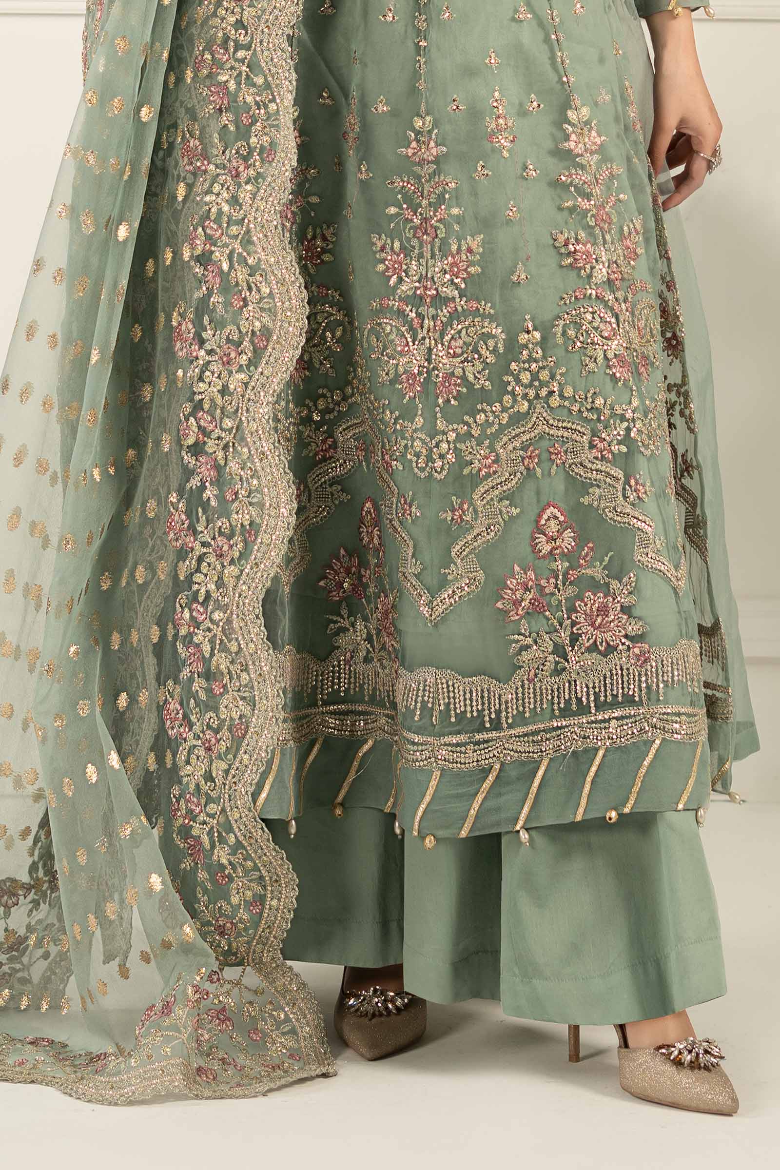 Aqua Embroidered Organza Long Shirt Lehenga (3-Piece) - Image 5