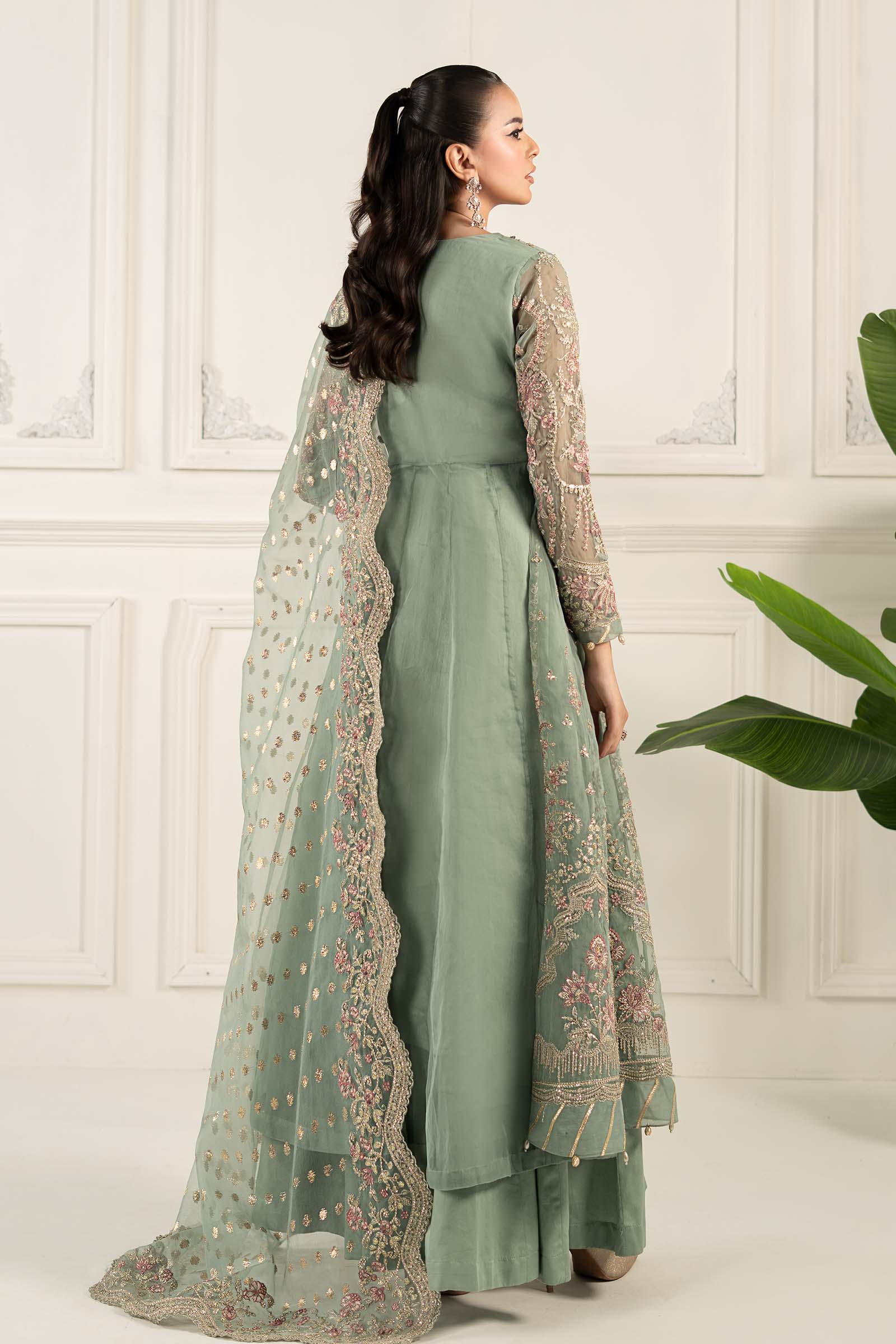 Aqua Embroidered Organza Long Shirt Lehenga (3-Piece) - Image 6