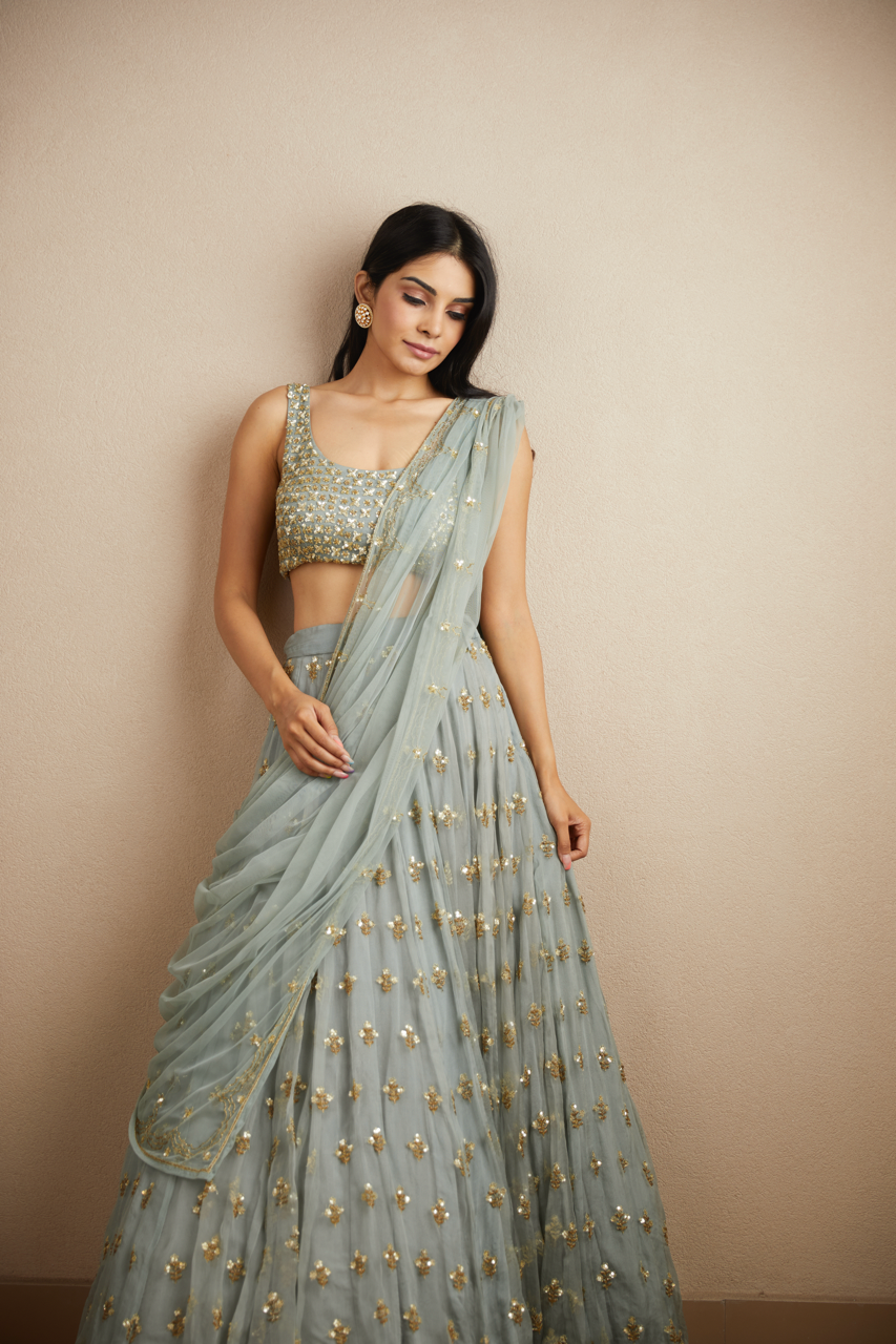 Indian Powder Blue Gold Bootie Organza Silk Lehenga (3-Piece) - Image 2