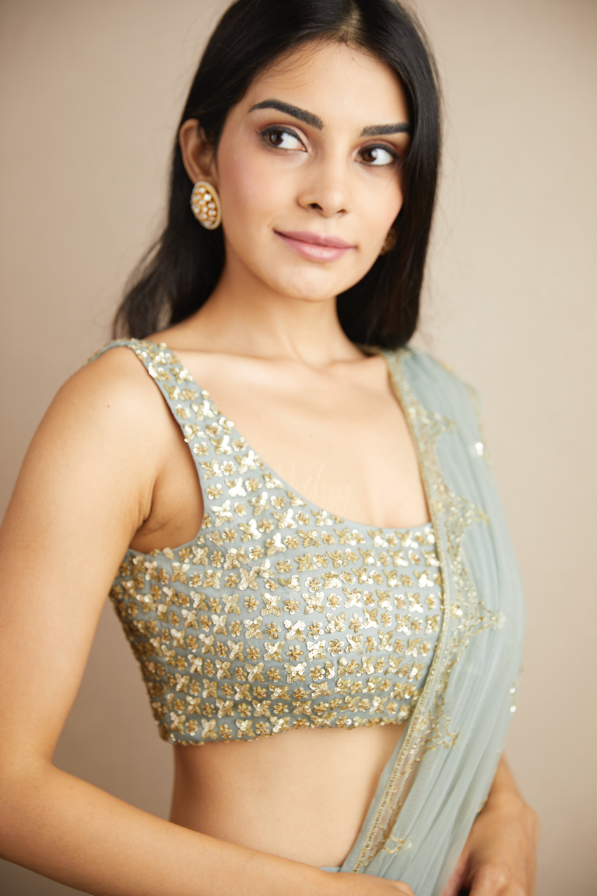 Indian Powder Blue Gold Bootie Organza Silk Lehenga (3-Piece) - Image 4