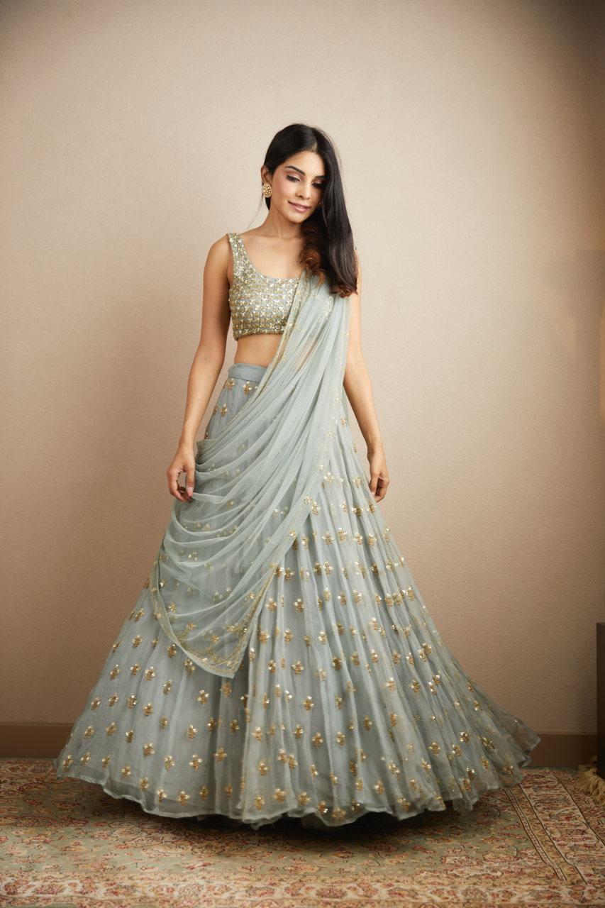 Indian Powder Blue Gold Bootie Organza Silk Lehenga (3-Piece) - Image 5