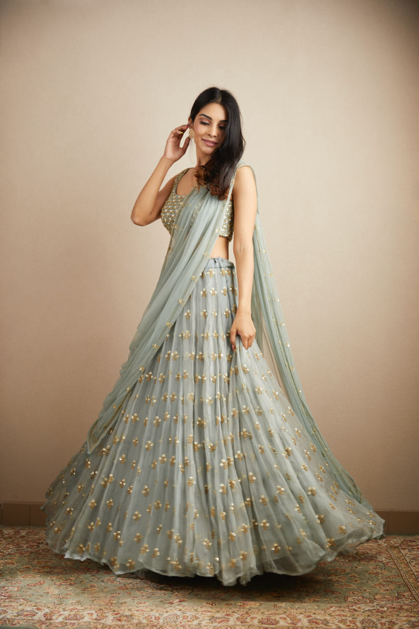 Indian Powder Blue Gold Bootie Organza Silk Lehenga (3-Piece) - Image 6