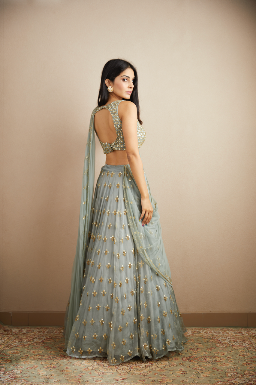 Indian Powder Blue Gold Bootie Organza Silk Lehenga (3-Piece) - Image 7