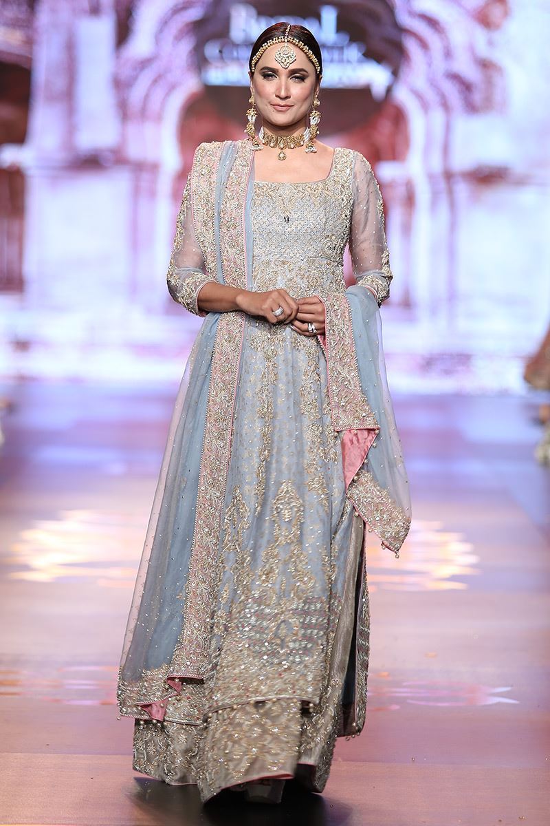 Pakistani Ice Blue Embroidered Organza A-Line Bridal Lehenga (3-Piece) - Image 1