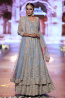 Pakistani Ice Blue Embroidered Organza A-Line Bridal Lehenga (3-Piece) - Image 3