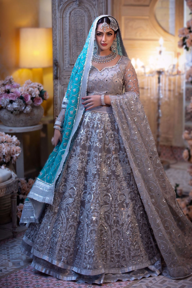 Pakistani Blue Embroidered Organza Lehnga Choli (3-Piece) - Image 1