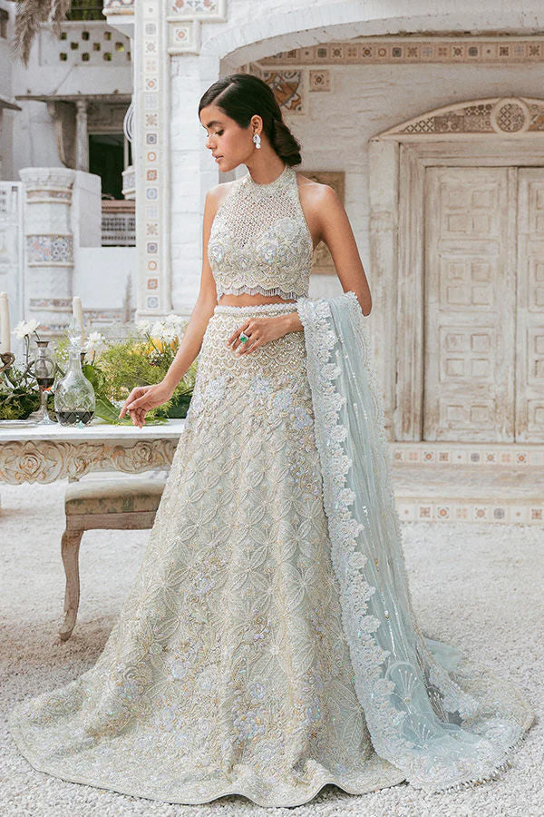 Pakistani Pale Ice-Blue Embellished Organza Bridal Lehenga (3-Piece) - Image 1